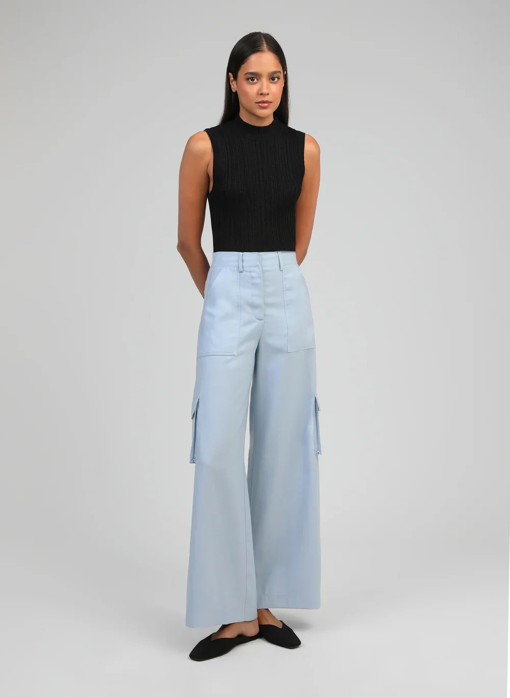 Sky Blue Cargo Trousers with Flap Pockets by An'ge