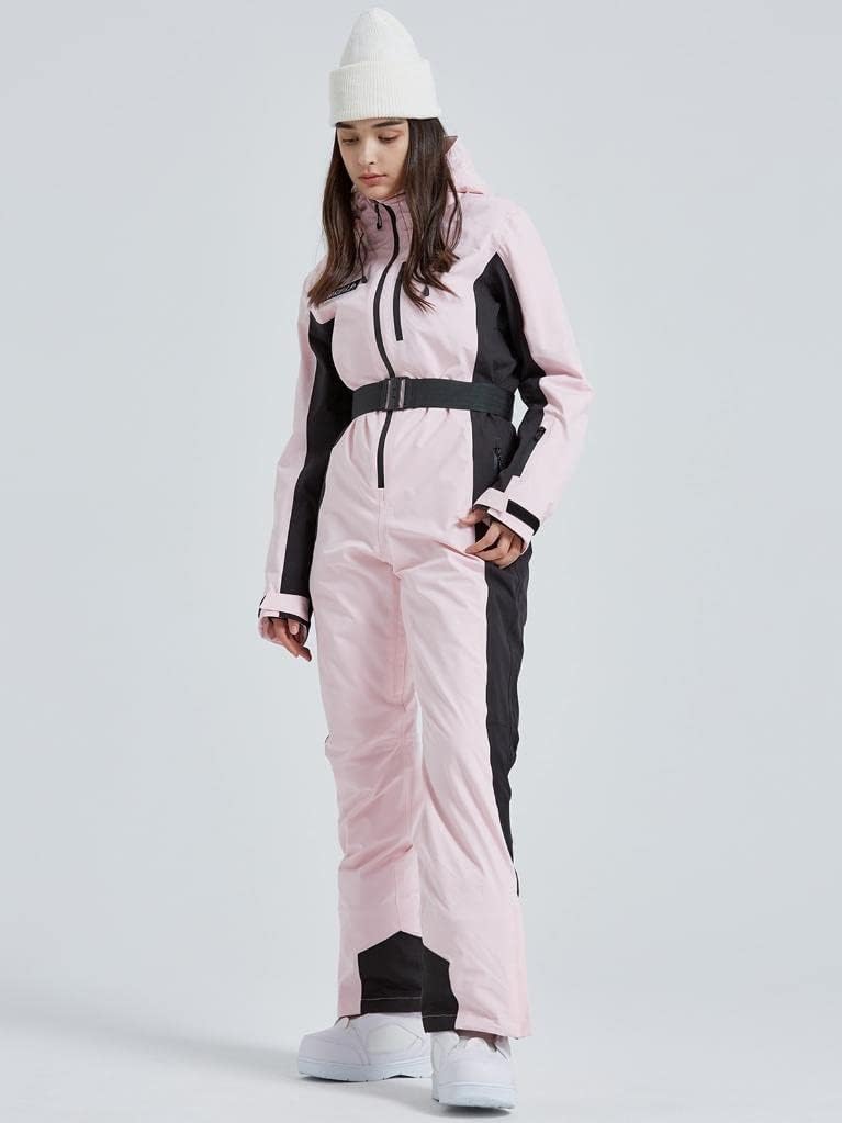 ALSOGO Einteiliger Skianzug für Damen, Skioverall 10,000mm wasserdichter Schneeanzug mit abnehmbarer Pelzkragen Mantel Gürtel, Warm Isoliert Skibekleidung für Outdoor Winter Skifahren Snowboard