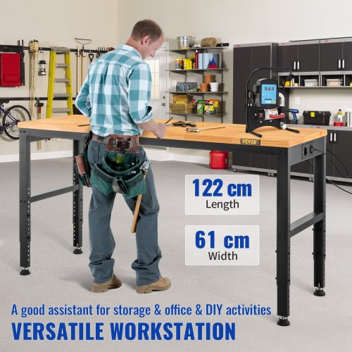 VEVOR Höhenverstellbare Werkbank 122 x 61 x 72 - 97 cm Spanntisch, 900 kg Gewichtskapazität Arbeitstisch, Braun Klappbare Werkzeugbank aus Kaltgewalzter Stahl, Multifunktionswerktisch für Werkstatt
