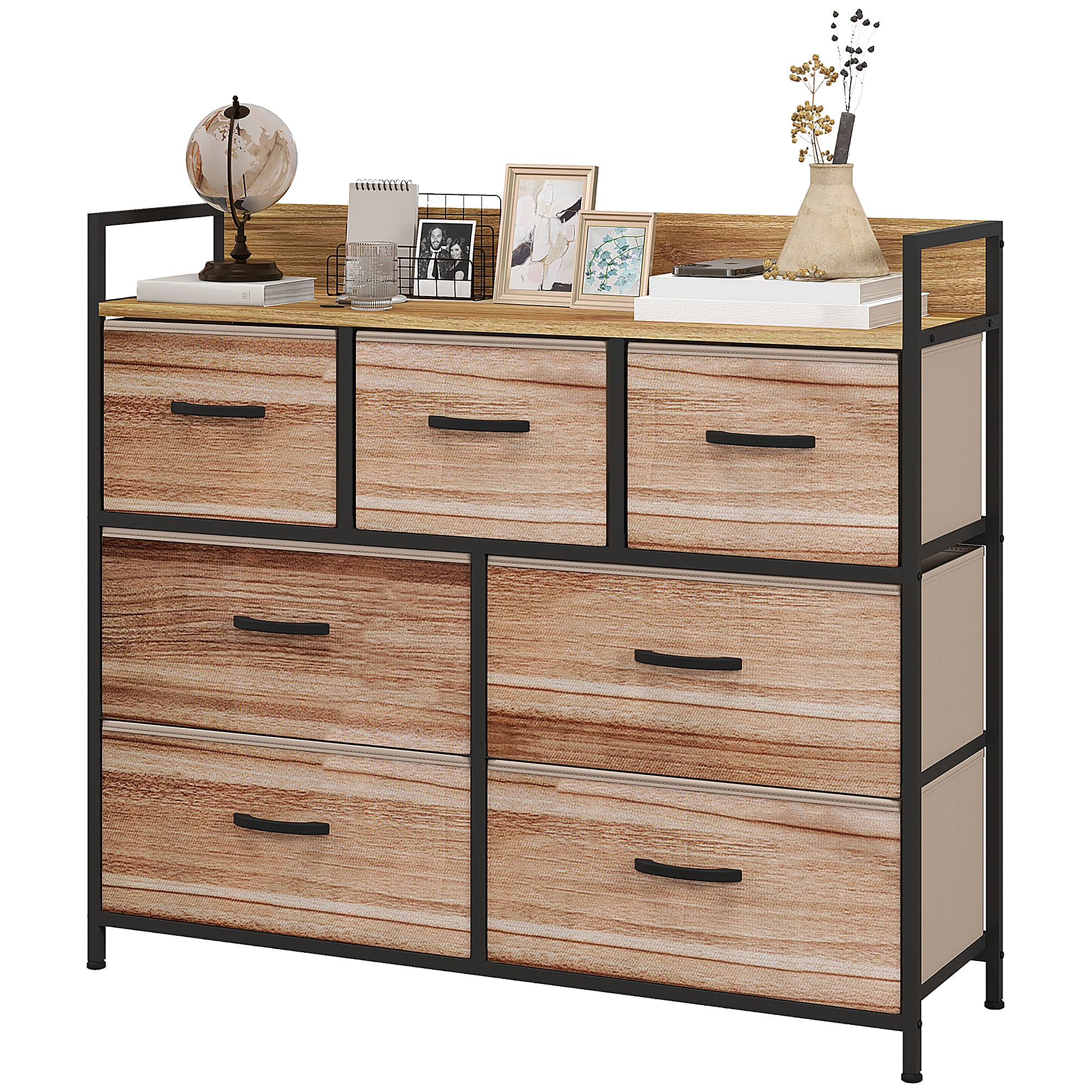 HOMCOM Kommode 7 Schubladen Aufbewahrungsschrank faltbarer Stoffschublade - schwarze Stahlstruktur - 98 x 29 x 85 cm