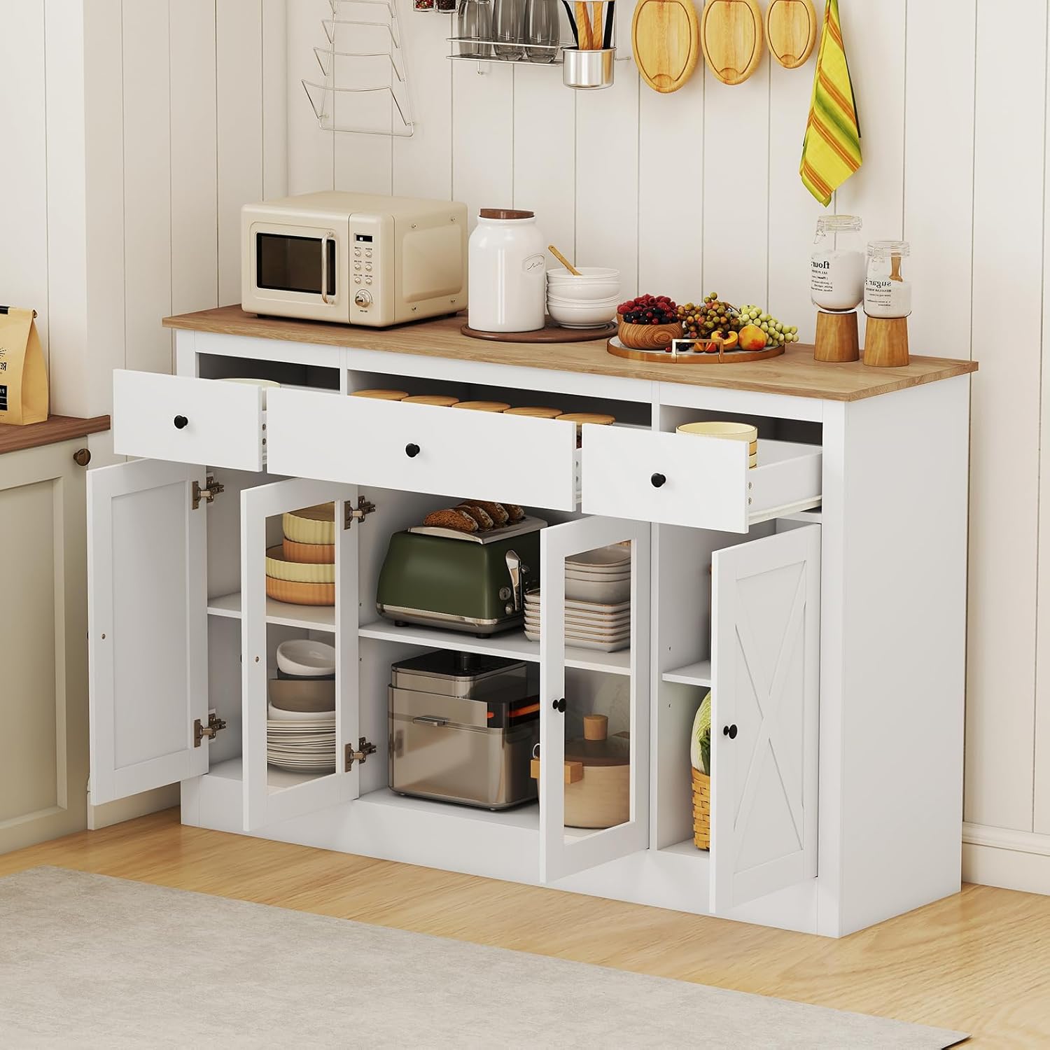 COSTWAY Credenza Cucina, Mobiletto da Cucina con 3 Cassetti, 3 Armadietti, 2 Ante Trasparenti e Ripiani Regolabili, Mobile Buffet Dispensa per Sala da Pranzo e Soggiorno, 140 x 40 x 90 cm (Bianco)