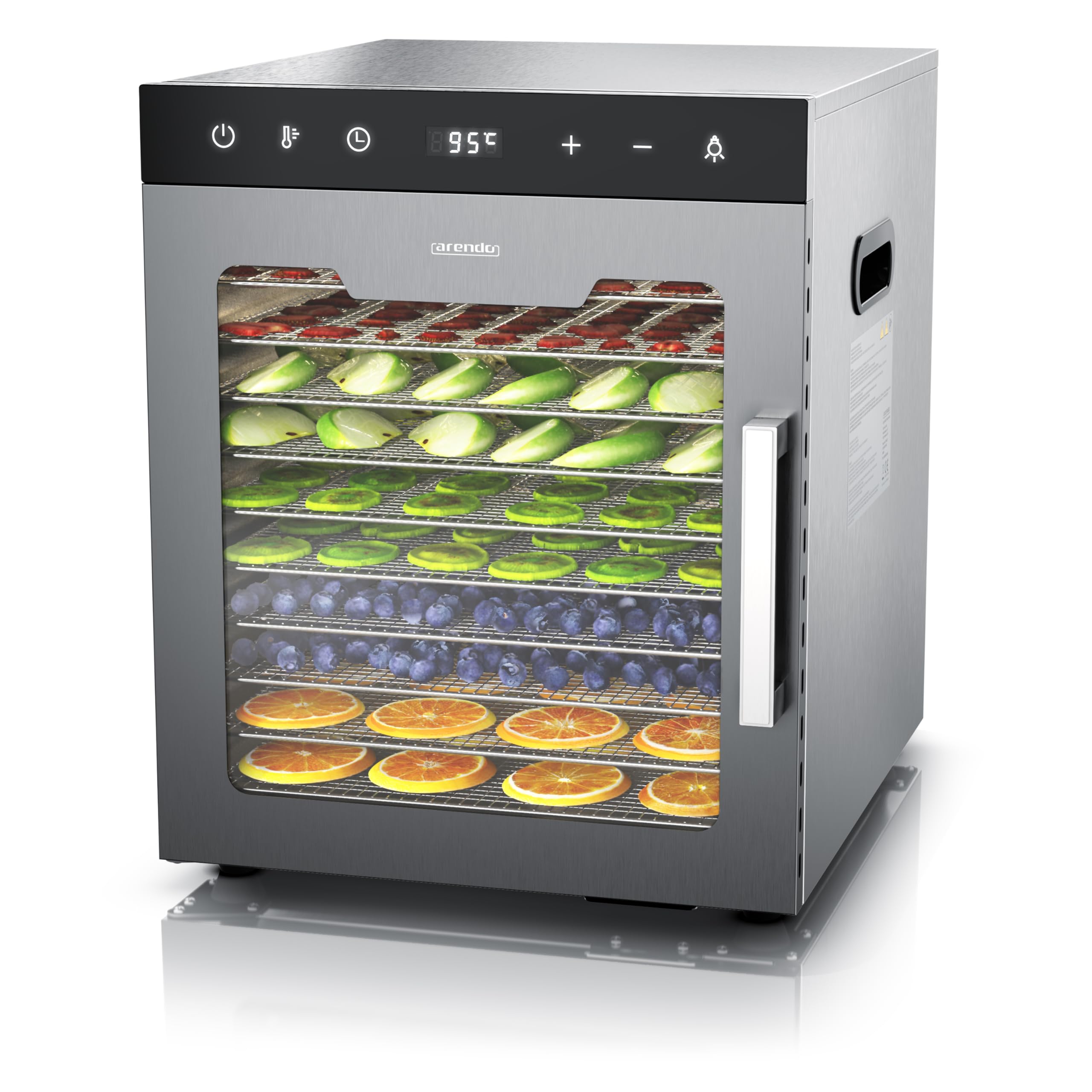 Dörrautomat aus Edelstahl mit 10 Gitterrosten, 800 W, 30-90°C, 8400 cm² Fläche, Dehydrator für Obst und Fleisch