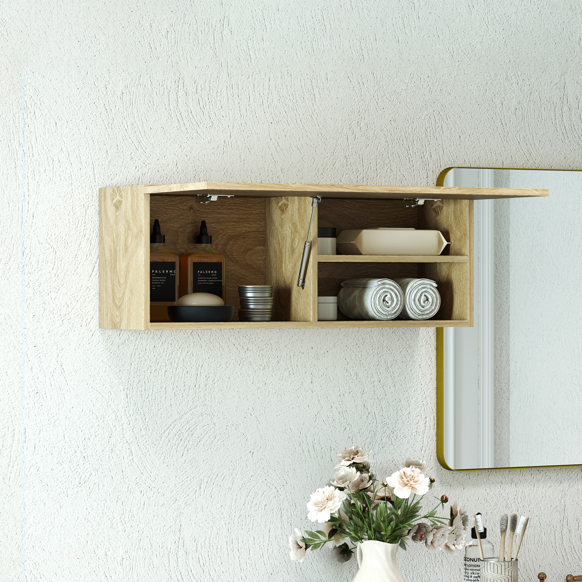 HOMCOM Wandhängeschrank Badezimmer mit Klapptür und Regalen, 80x25x30 cm, Naturholz
