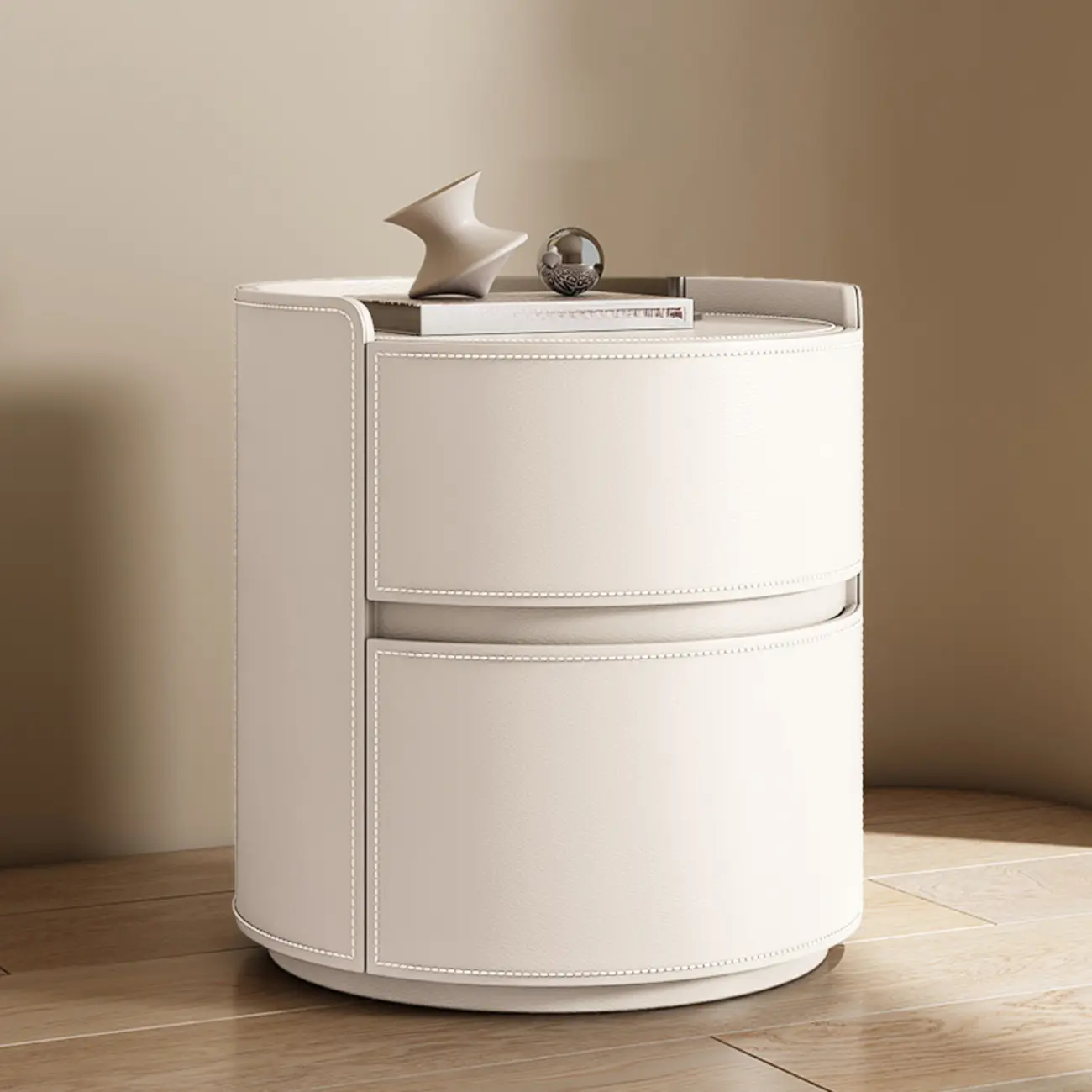 Modern Leather Tray Round 2-Drawer Nightstand
