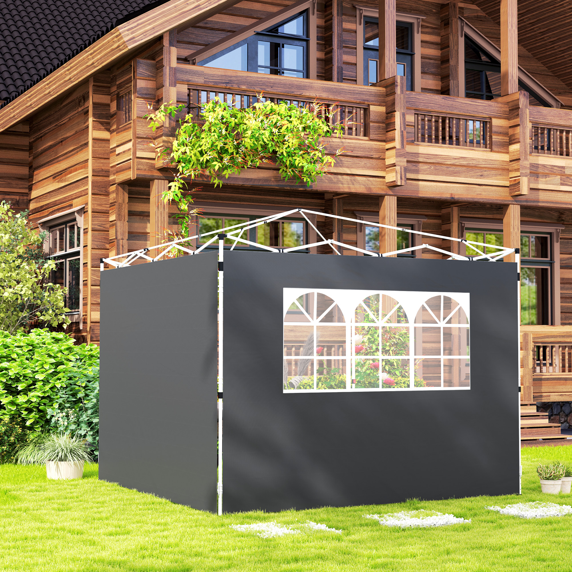 Outsunny Seitenteile für Gartenpavillon 3 x 3 m Pavillonseitenwände mit Fenster Set aus 2 Stück Oxford Dunkelgrau