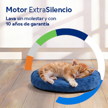 El texto dice «Motor ExtraSilencio», «Especialmente diseñado para dormir», «30 años de operación». Cama azul para mascotas con ilustración de un perro durmiendo y con características de funcionamiento del motor.