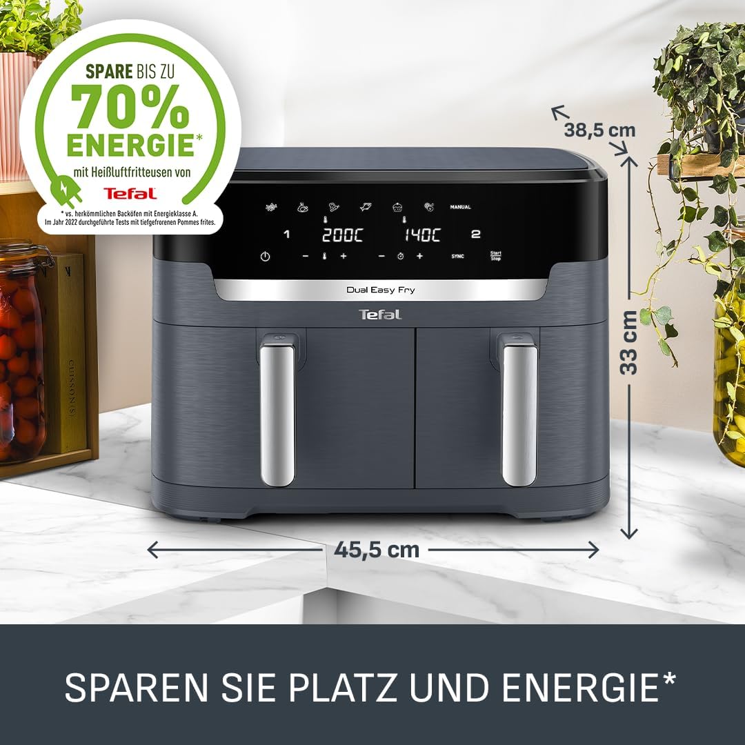 Tefal Dual Easy Fry XXL Heißluftfritteuse 11 L – Airfryer mit 2 Kammern (Doppelkammer), 7 Programme, 2700 W, digitales Display, Extra-Crisp Technologie, fettarm frittieren, energiesparend EY942B