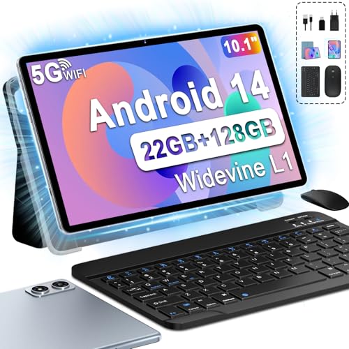 fezawio F10 Tablet 10 Pollici, Tablet Android 14, 22 GB RAM 128 GB ROM |1TB TF |8000mAh |5G Wi Fi |Octa Core |Widevine L1 |2.0Ghz Tablet PC Con Tastiera Mouse Fondina, Migliore Regalo   Grigio : Informatica