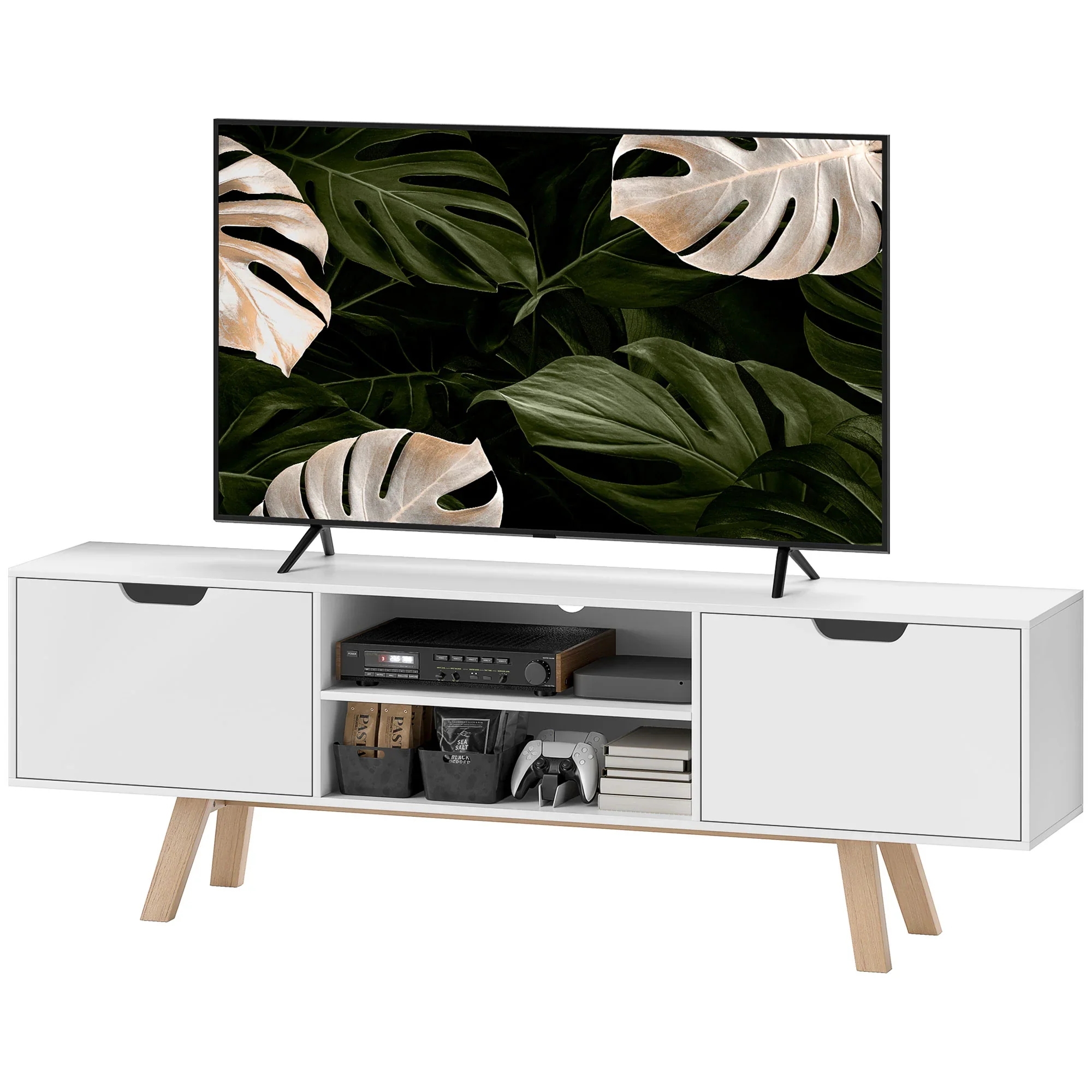 HOMCOM TV-meubel 65 inch met kabelbeheer en 2 kasten Wit