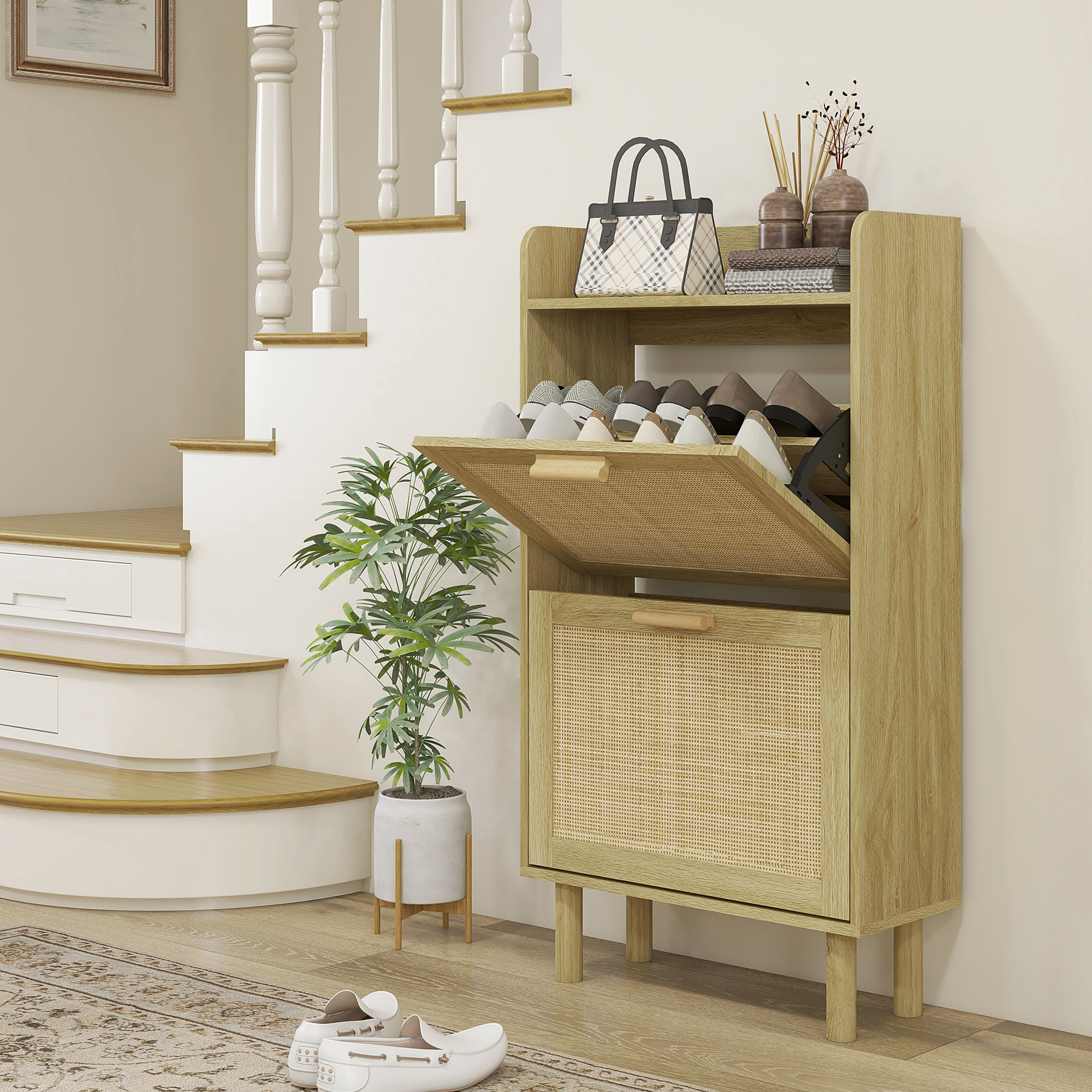 HOMCOM Schuhschrank 2 Schwenktüren Regal geflochtene Rattan-Optik Bohème Design - Maße 80L x 24,5B x 110H cm