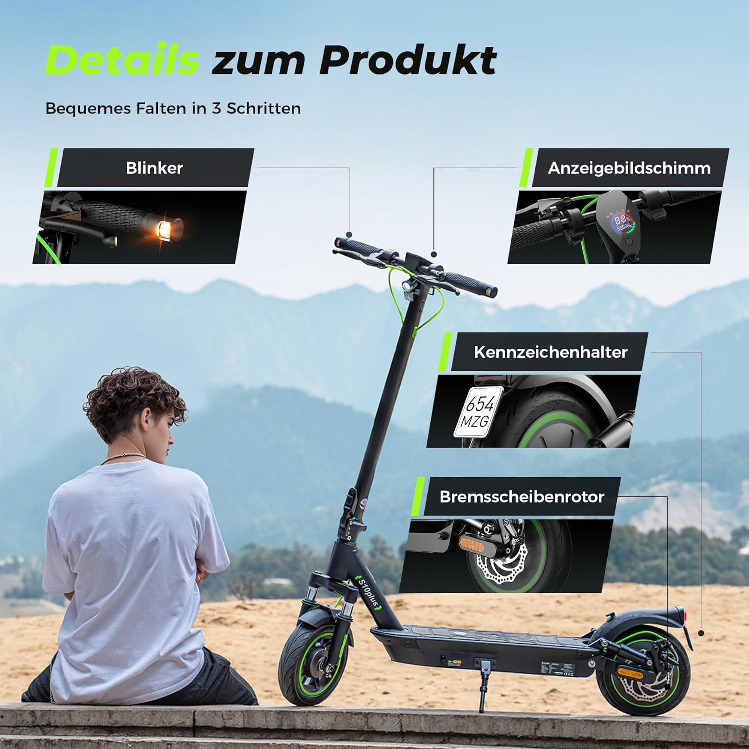 E-Scooter mit Straßenzulassung, S10plus, 500W, 10 Zoll Luftreifen, faltbar mit Blinker und App, bis 120 kg