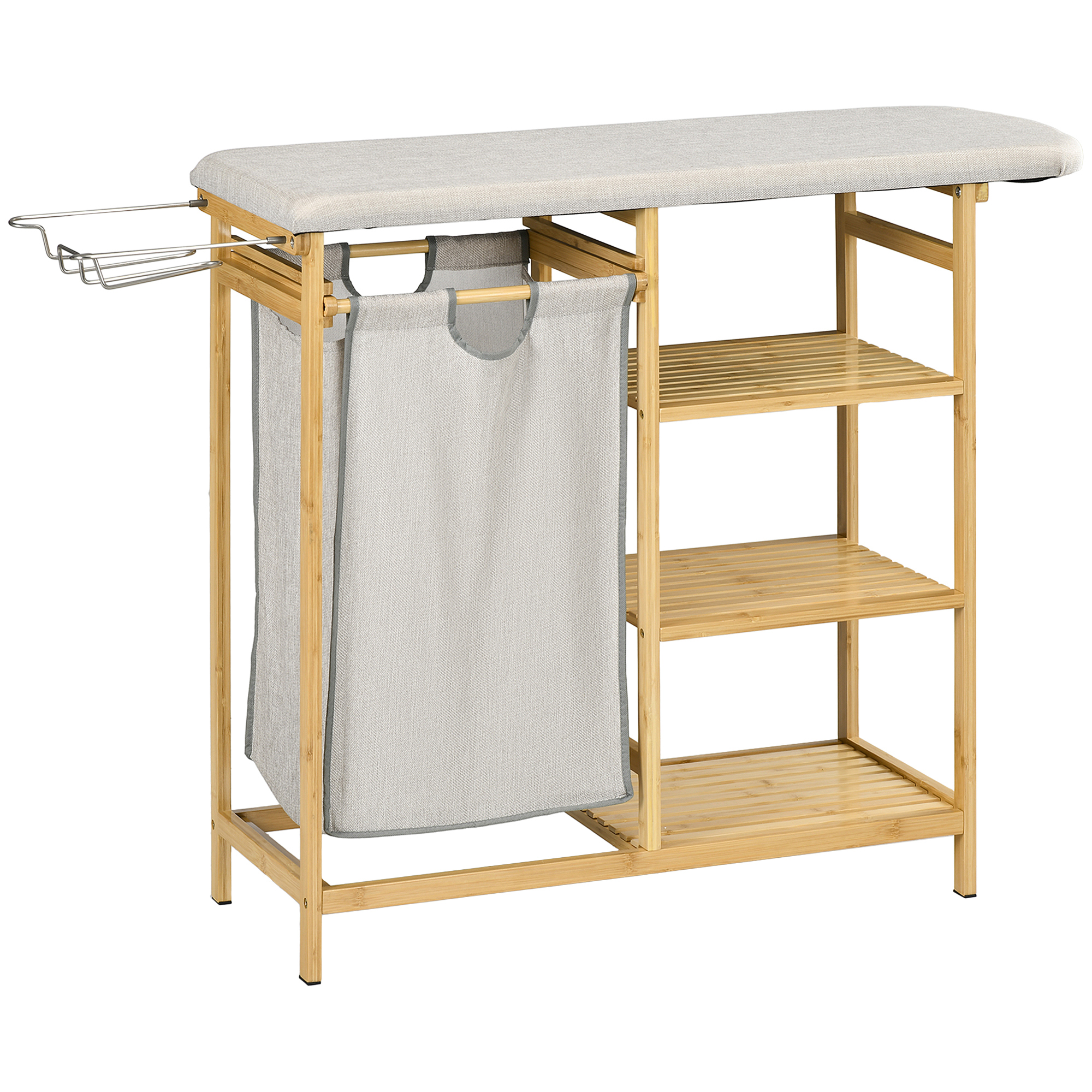 Wasmand, multifunctioneel, Stijkplank & Stoffen Zak 57L, Bamboe Frame, 113x34x82cm, Natuur/Grijs