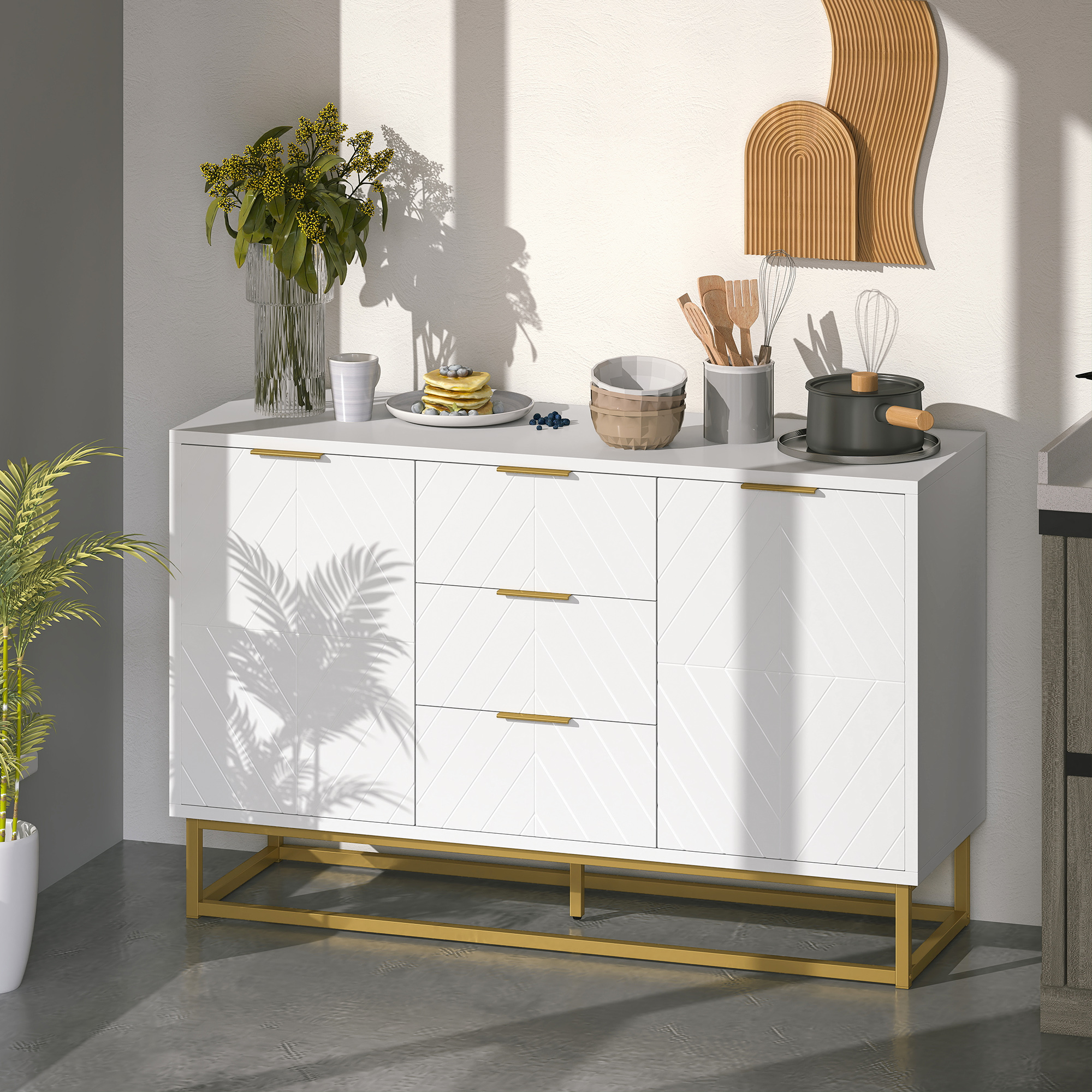 HOMCOM Sideboard Kommode moderner Beistellschrank mit Schränke und Schubladen Goldsockel viel Stauraum Weiß MDF Stahl 120 x 40 x 76 cm
