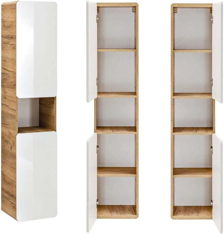 Lomadox Badmöbel Set in Hochglanz weiß mit Wotan Eiche Nb., Keramik-Waschtisch mit 81 cm Unterschrank, LED-Spiegelschrank, Hängeschränke, Hochschrank