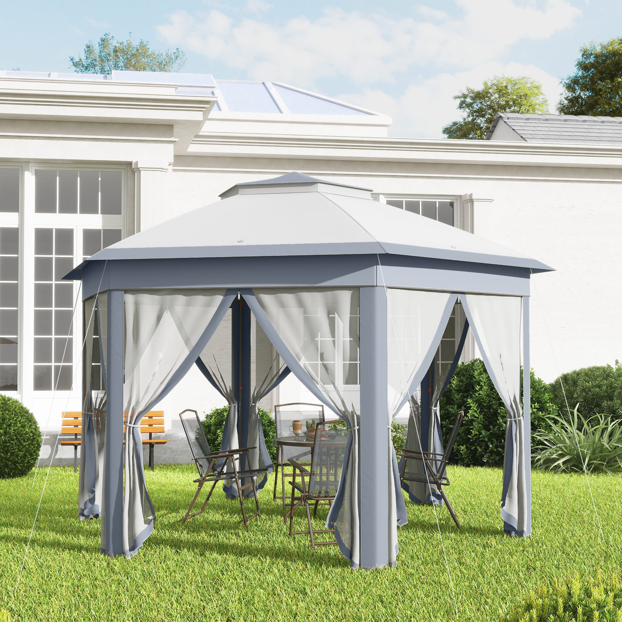 Outsunny Faltpavillon 4 x 4m, Sechseck-Design, Netzvorhänge, wasserabweisend, Lüftungsdach, Grau+Weiß