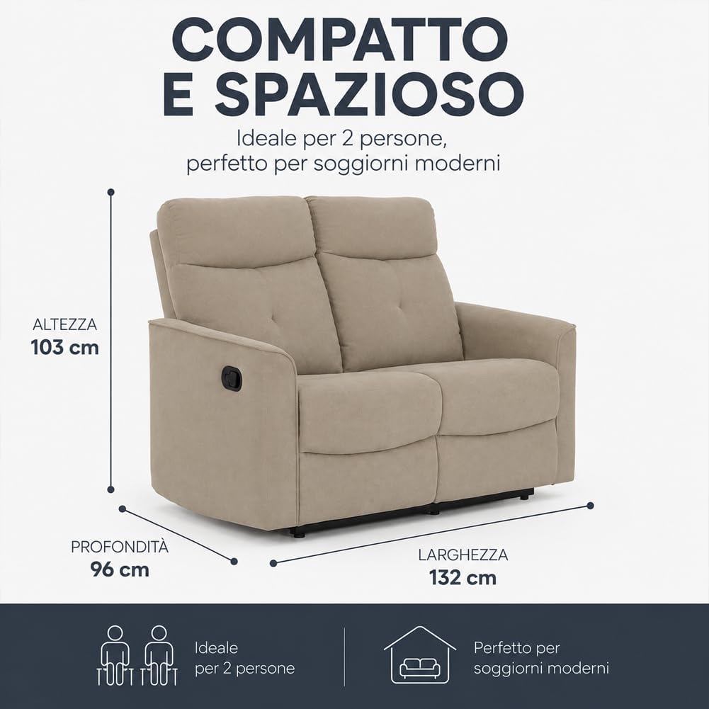 BAKAJI Divano 2 Posti Recliner Manuale con Imbottitura ad Altissima Densità, Poltrona Schienale e Poggiapiedi Reclinabile, Design Moderno, Ideale per Soggiorno, Salotto, 132 x 96 x 103 cm
