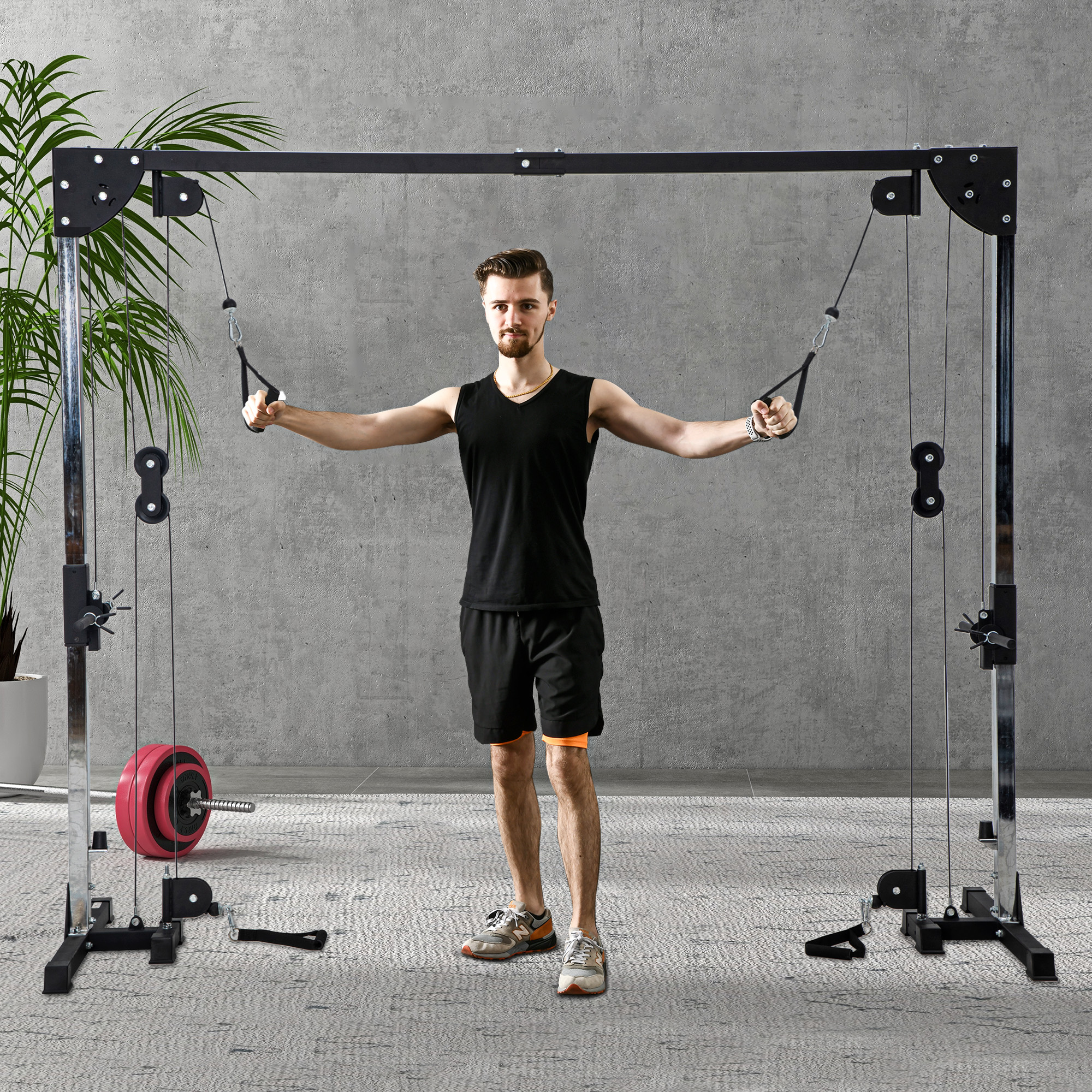 SPORTNOW Crossover-Fitnessgestell, Kabelzugsystem, für 1 oder 2 Personen, Stahl, Kunststoff, Schwarz