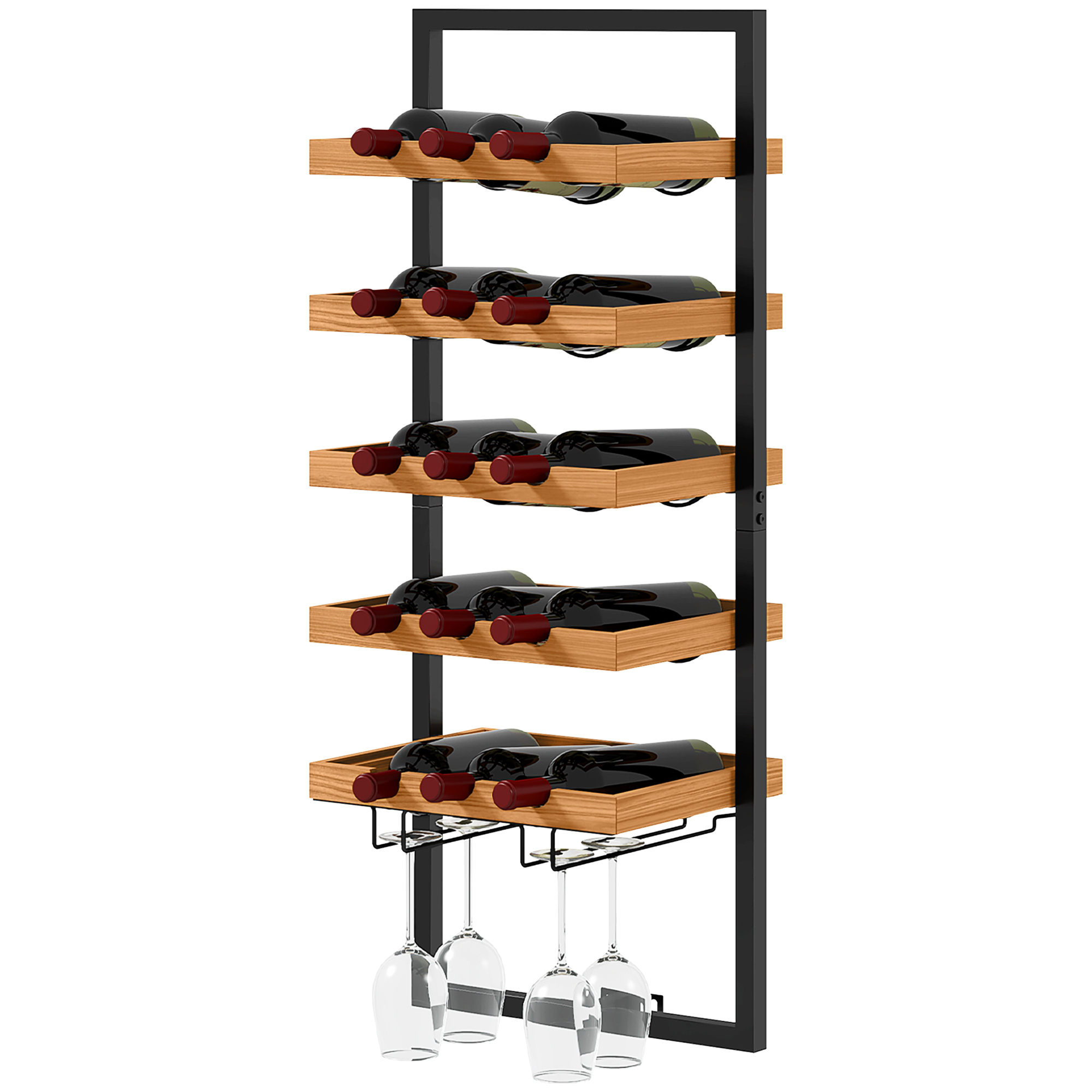 HOMCOM Wand-Weinregal, 5 Ebenen, Flaschenhalter, Gläserhalter, Kiefernholz, Stahl, Hausbar, Küche, Wohnzimmer, Braun