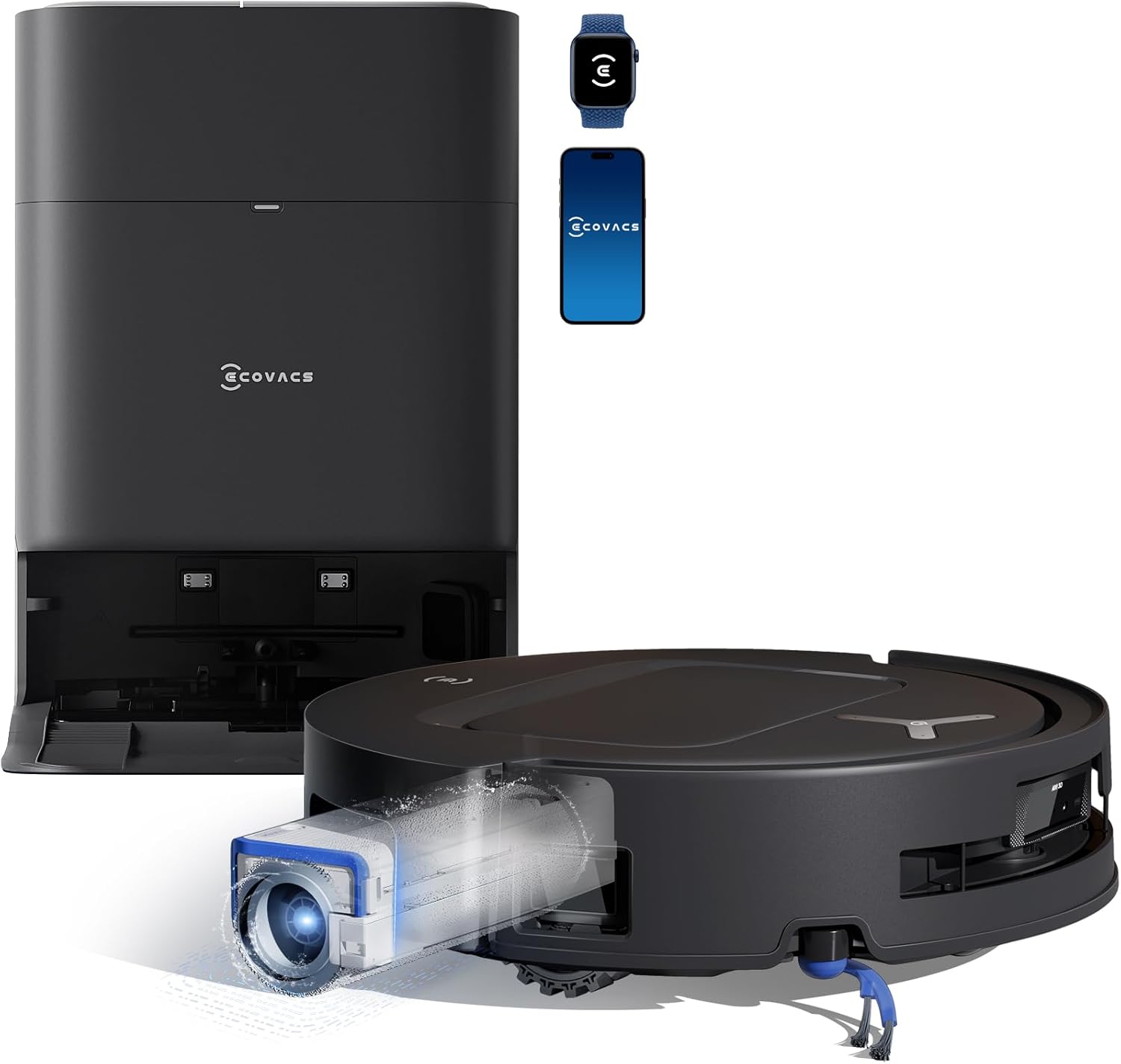 ECOVACS DEEBOT T80 OMNI Robot Aspirapolvere Lavapavimenti, 18.000 Pa, Spazzola OZMO ROLLER, ZeroTangle 3.0, Lavaggio Mocio con Acqua Calda a 40-75 °C, Asciugatura ad Aria Calda, Nero
