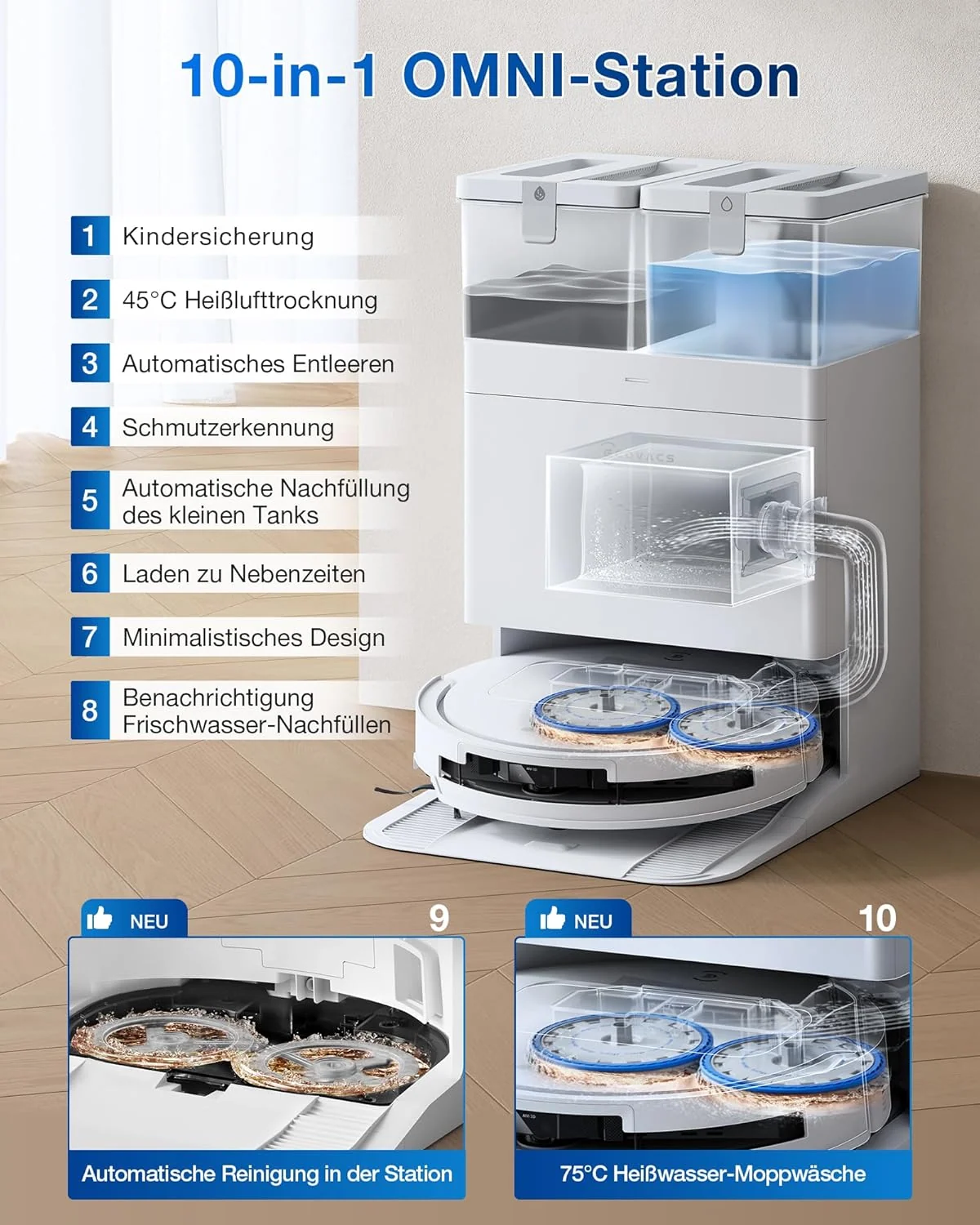 ECOVACS DEEBOT T50 Omni Saugroboter mit Wischfunktion,15.000 Pa, T30 Omni-Upgrade, Ausziehbare Seitenbürste und Mopp, ZeroTangle 2.0, Moppwäsche mit 75°C heißem Wasser, All-in-One Station