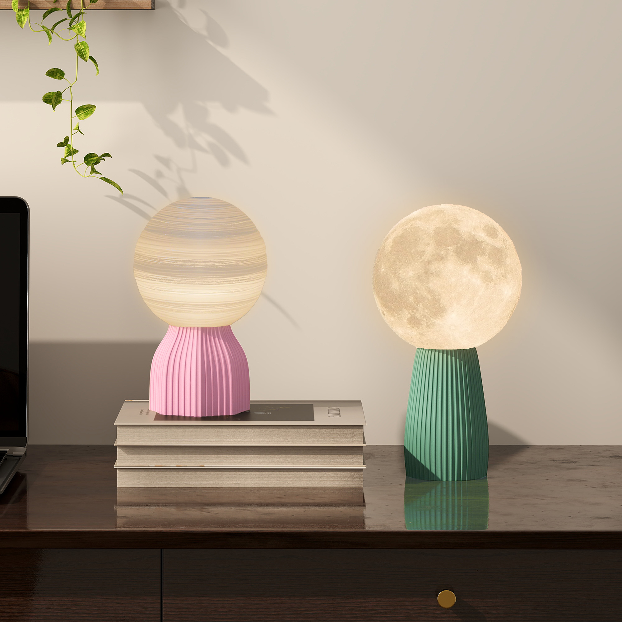 HOMCOM Tischlampen-Set in Planeten-Optik, 3-farbig, USB, Kunststoff, Weiß