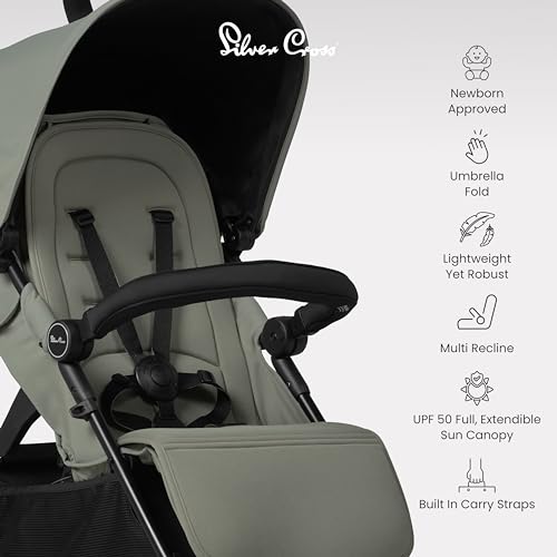 Silver Cross   passeggino pieghevole da viaggio per passeggino   Buggy   Sedile piatto regolabile/sdraiato   Neonato fino a 4 anni   Salvia : Prima infanzia