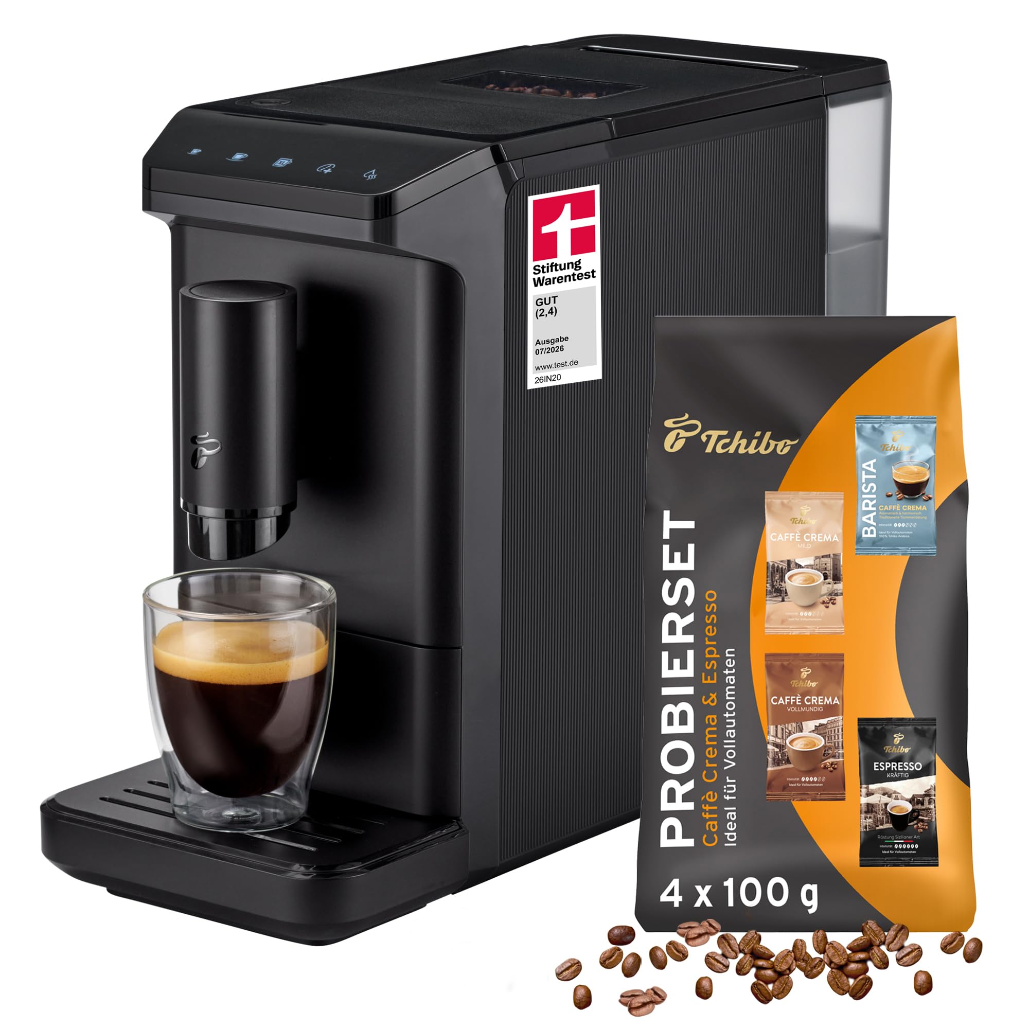 Tchibo Kaffeevollautomat Esperto mini schwarz mit gratis Kaffeeprobierset kompaktes Design für Zuhause