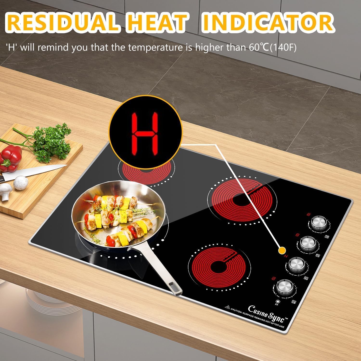 30 Inch Built-In Electric Ceramic Glass Cooktop, 4 Burners, 7200W Total Power, Knob Control, Compatible with Flat-Bottom Cookware, 220-240V Hardwired