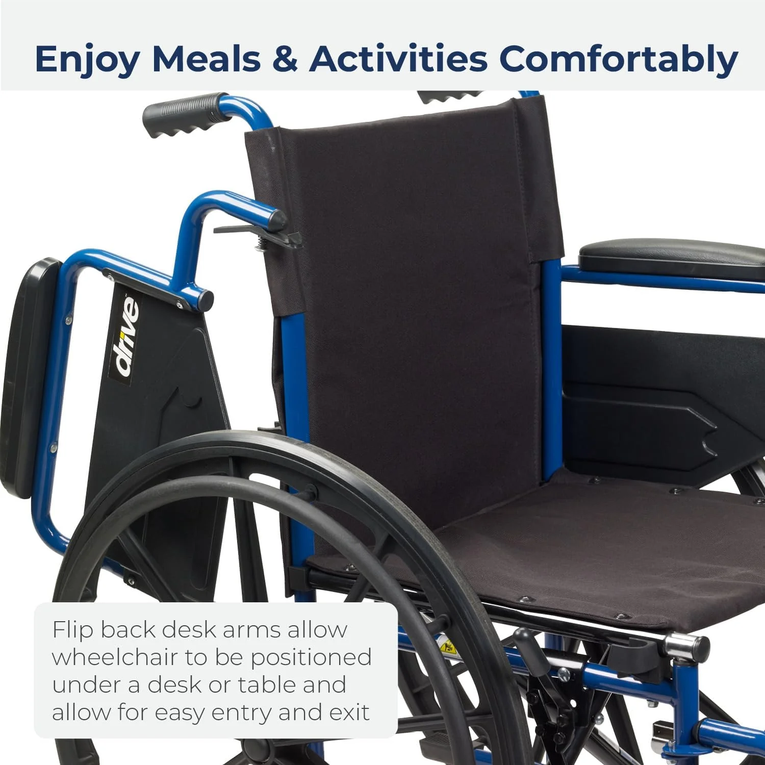 Single-wheel blue racing-style wheelchair, reversible armrests on the table edge, rotatable footrests, size 18 inches, quantity 1 unit.