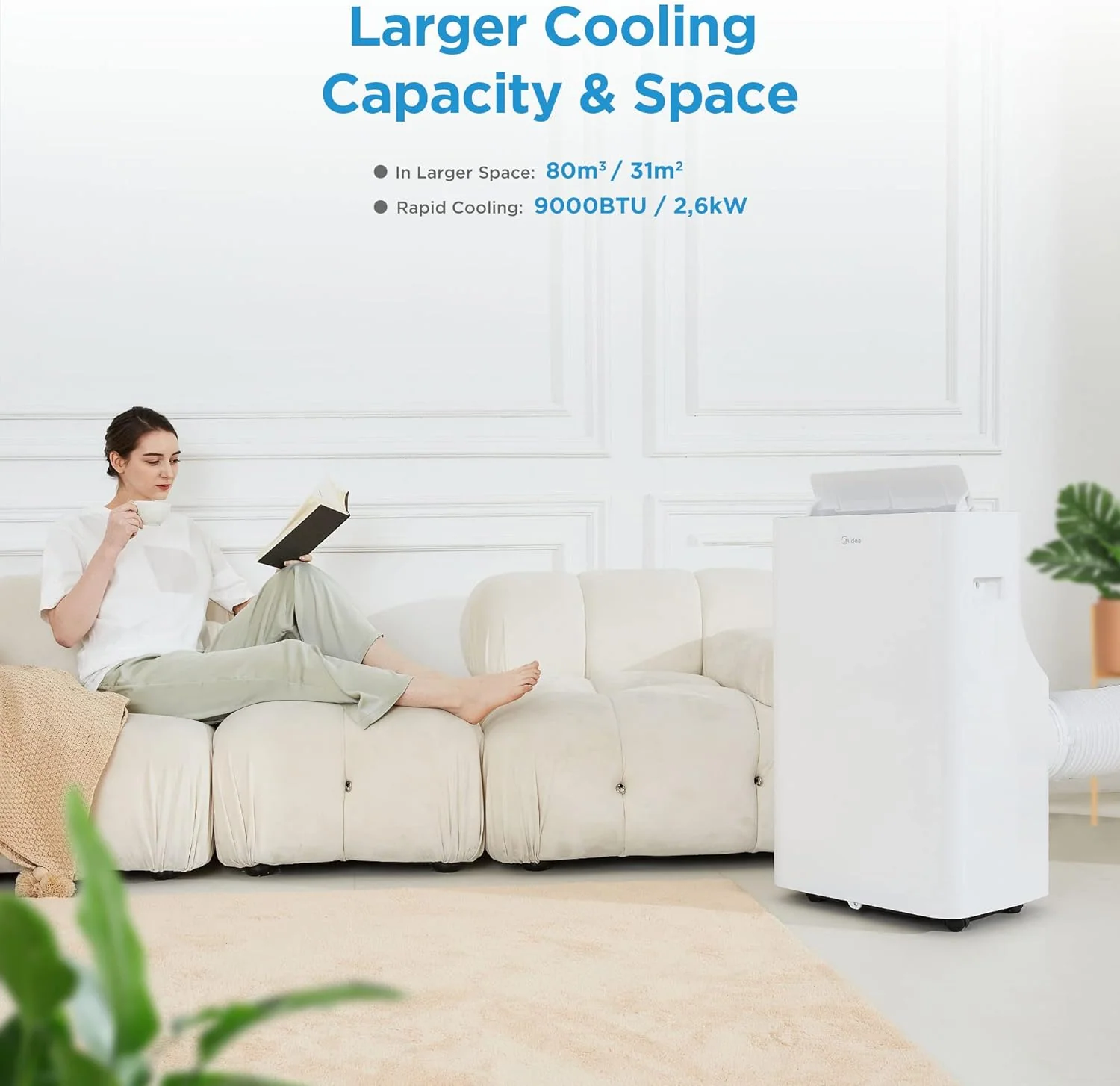 Midea Mobiles Klimagerät Silent Cool 26 Pro WF, 9000 BTU 2,6kW, Kühlen&Ventilieren&Entfeuchten, Raumgröße bis 88m³(33㎡), APP-Steuerung/Alexa/Google Home/IFTTT, Mobile Klimaanlage mit Abluftschlauch