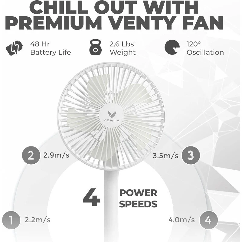 VENTY Ventilatore Portatile Wireless con Batteria 16000mAh - Autonomia 48 Ore