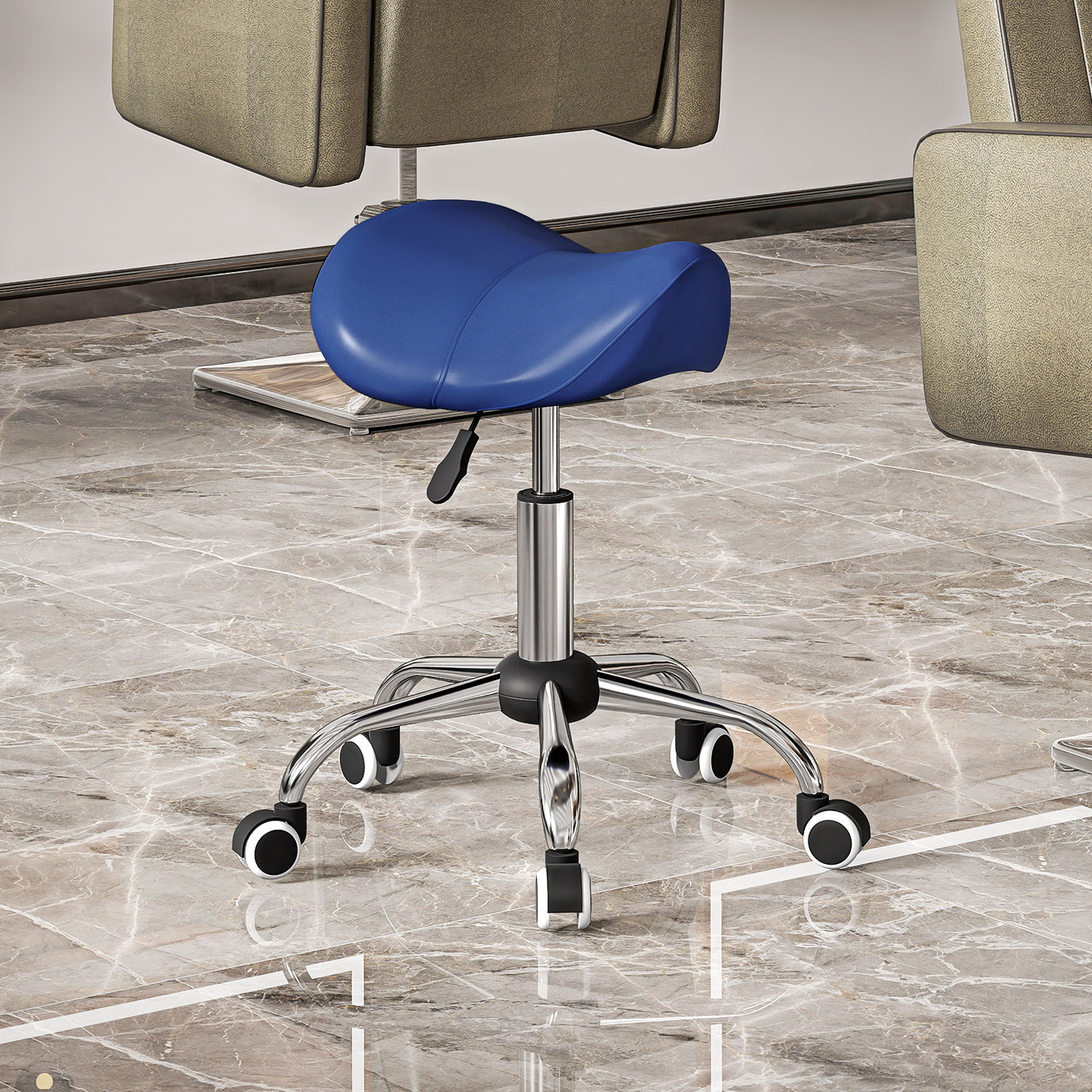 HOMCOM Rollhocker, Arbeitsstuhl mit höhenverstellbarer 49-61 cm und ergonomischem Sattel, 52x53x49-61cm, blau