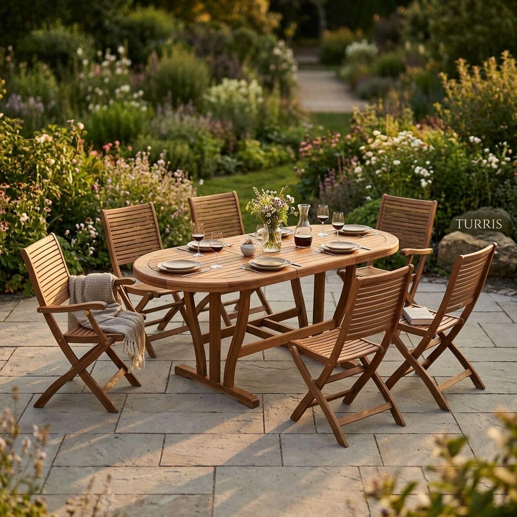milani home - Set Tavolo Giardino Allungabile Ovale 180/240x100 Con 4 Sedie E 2 Poltrone In Legno Di Acacia Massiccio Per Esterno - Marrone