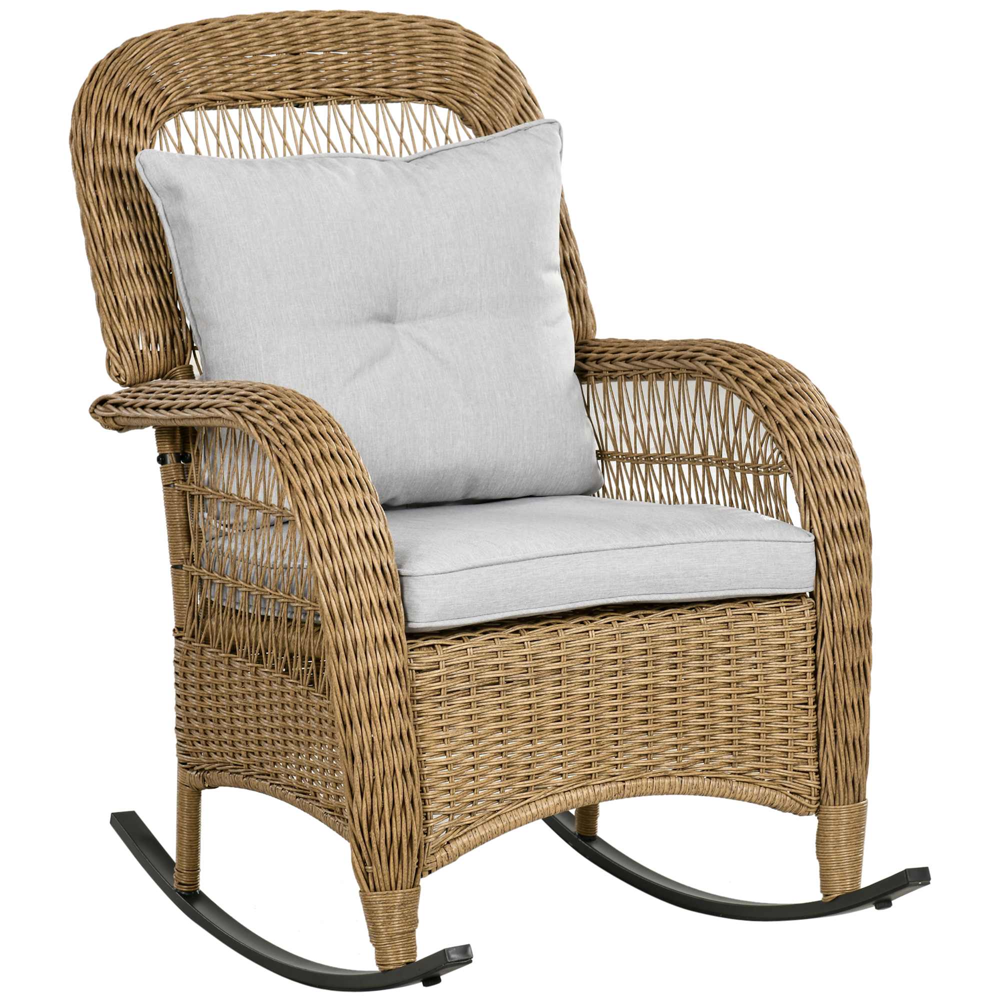 Outsunny Schaukelstuhl im Boho-Stil, PE-Rattan, Rattan-Schaukelstuhl, waschbare Polsterbezüge, Natur + Hellgrau