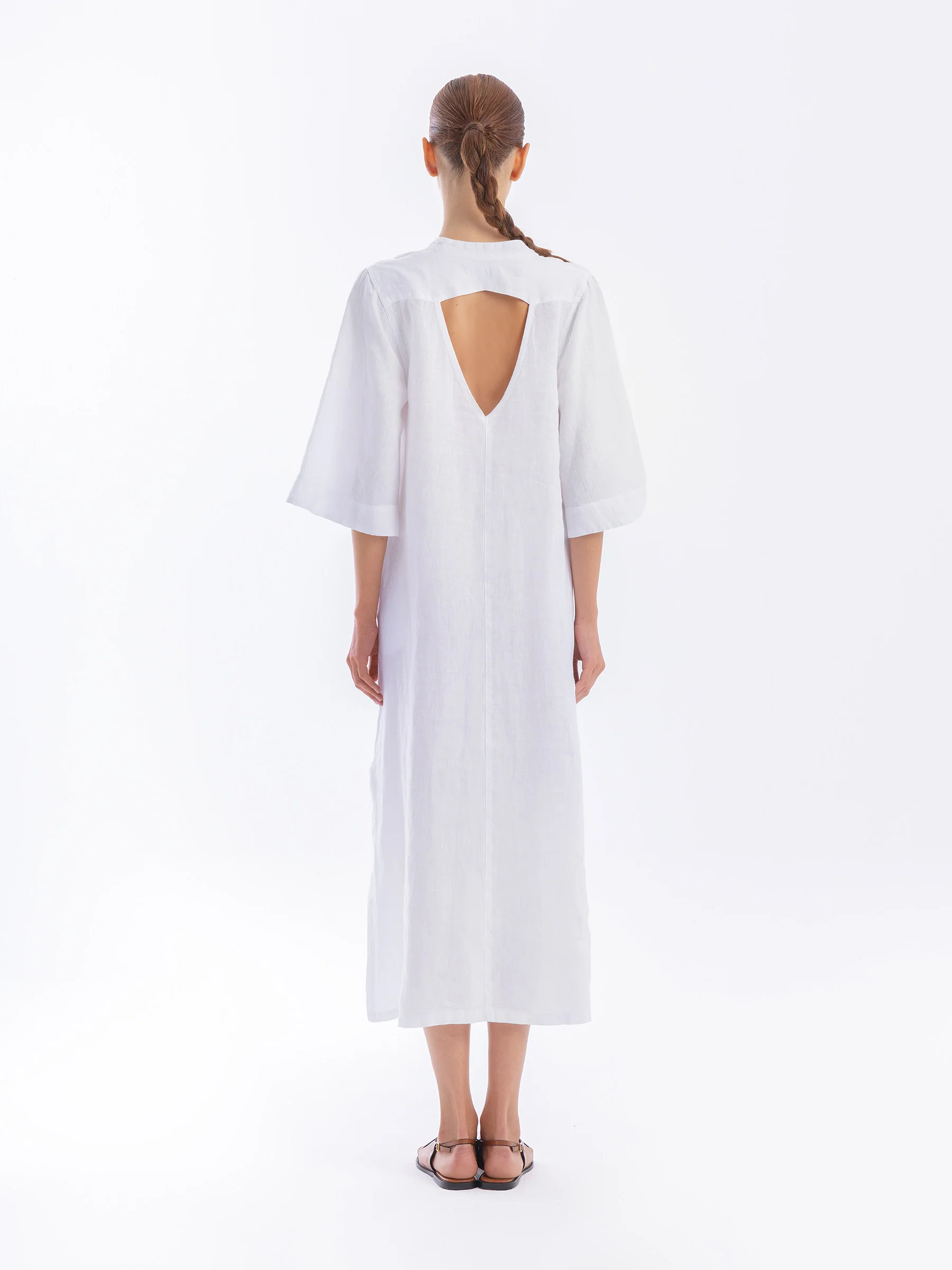 Mandarin Neck Linen Kaftan with Open Back �� Haris Cotton