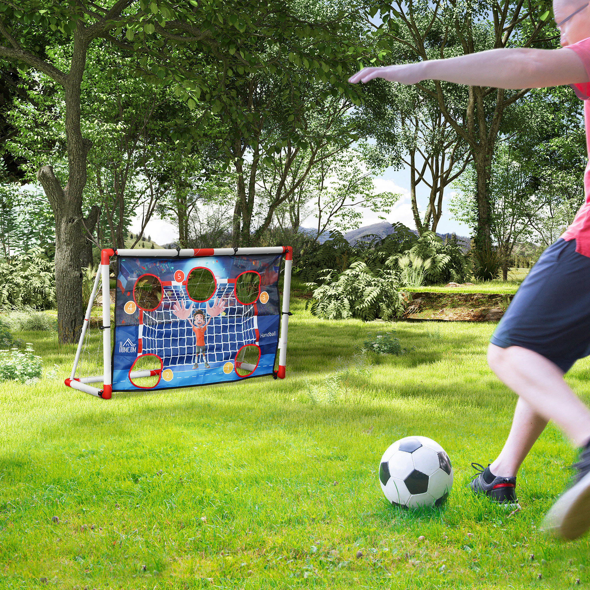 HOMCOM Kinder-Handballtor im Freien, Tor mit 5 Zielzonen, aufblasbarer Handball, Pumpe, 116 x 48 x 76 cm Weiß