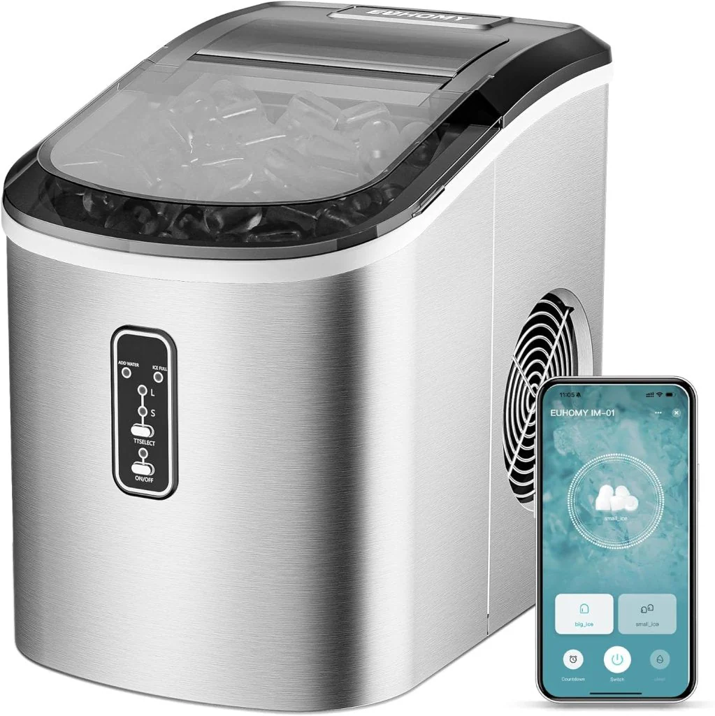EUHOMY Nugget Ice Maker Countertop with Handle, Ready in 6 Mins, 34lbs Per Day, Removable Top Cover, Auto-Cleaning, Portable Sonic Ice Maker with Basket and Scoop, for Home/Party/RV/Camping (Black)
