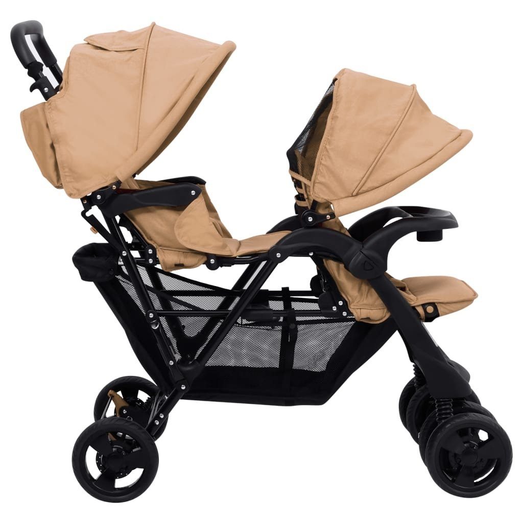 Geschwisterwagen aus Stahl, Leinen in Taupe und Schwarz