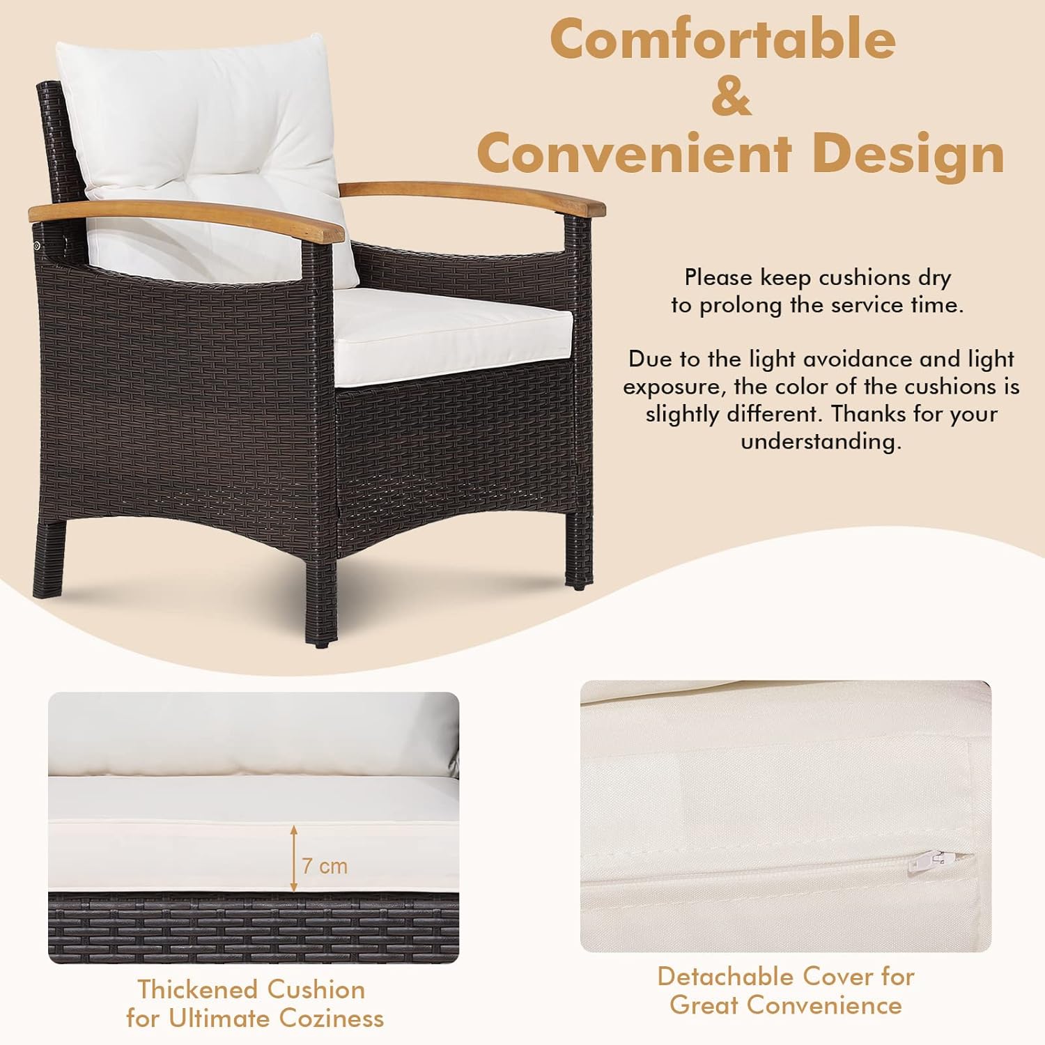 GIANTEX 3 Piece Furniture Set, Outdoor Rattan Bistro Set with Coffee Table, Soft Cushions, Acacia Wood Conversation Set for Patio, Backyard, Poolside, Off White