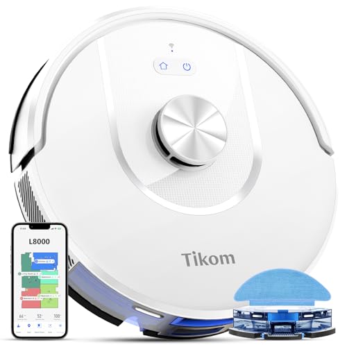 Tikom Robot Vacuum and Mop, L8000 Laser LiDAR Navigation Robotic Vacuum, 150Mins Max, 45dB, 14 No Go Zones, 20 Virtual Walls, Self Charging, Good for Pet Hair, Carpet, Hard Floor, White