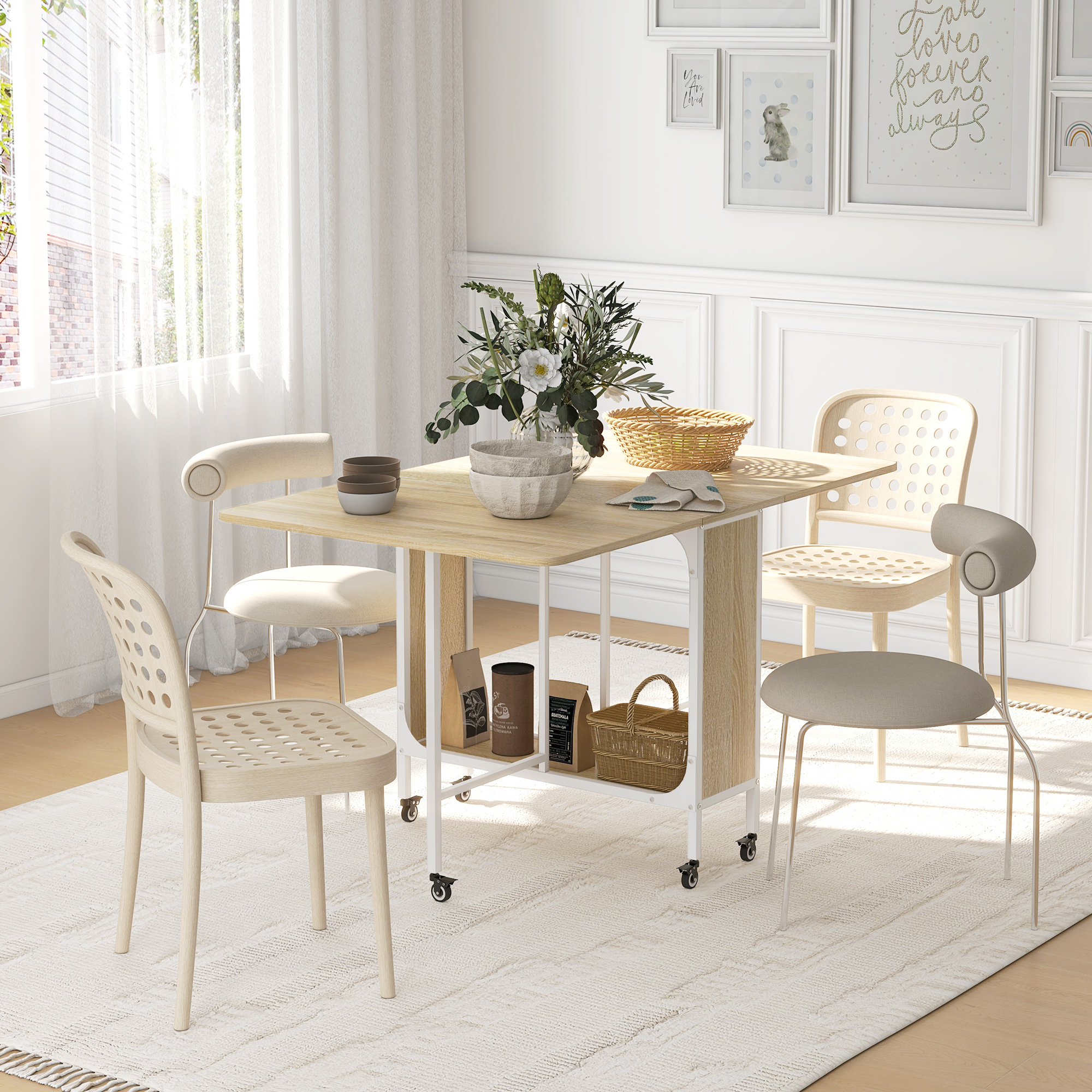 HOMCOM Klappbarer Esstisch für bis zu 6 Personen mit Regal, aus Holz und Metall, 130x80x74 cm, Weiß und Farbe Holz