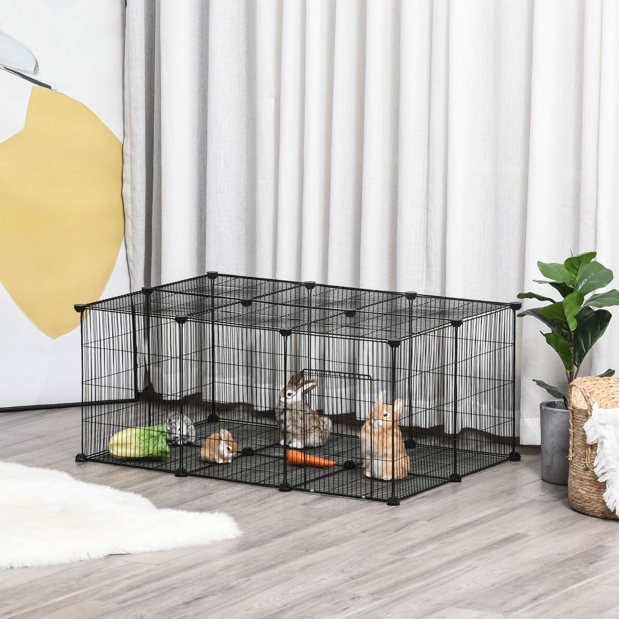 PawHut Kleintiergehege kleintierkäfig Freigehege DIY Metall Kleintiere Multi-Winkel-Verbindungen Anti-Rutsch-Matte öffenbar 22 Platten Schwarz 105 x 70 x 45 cm