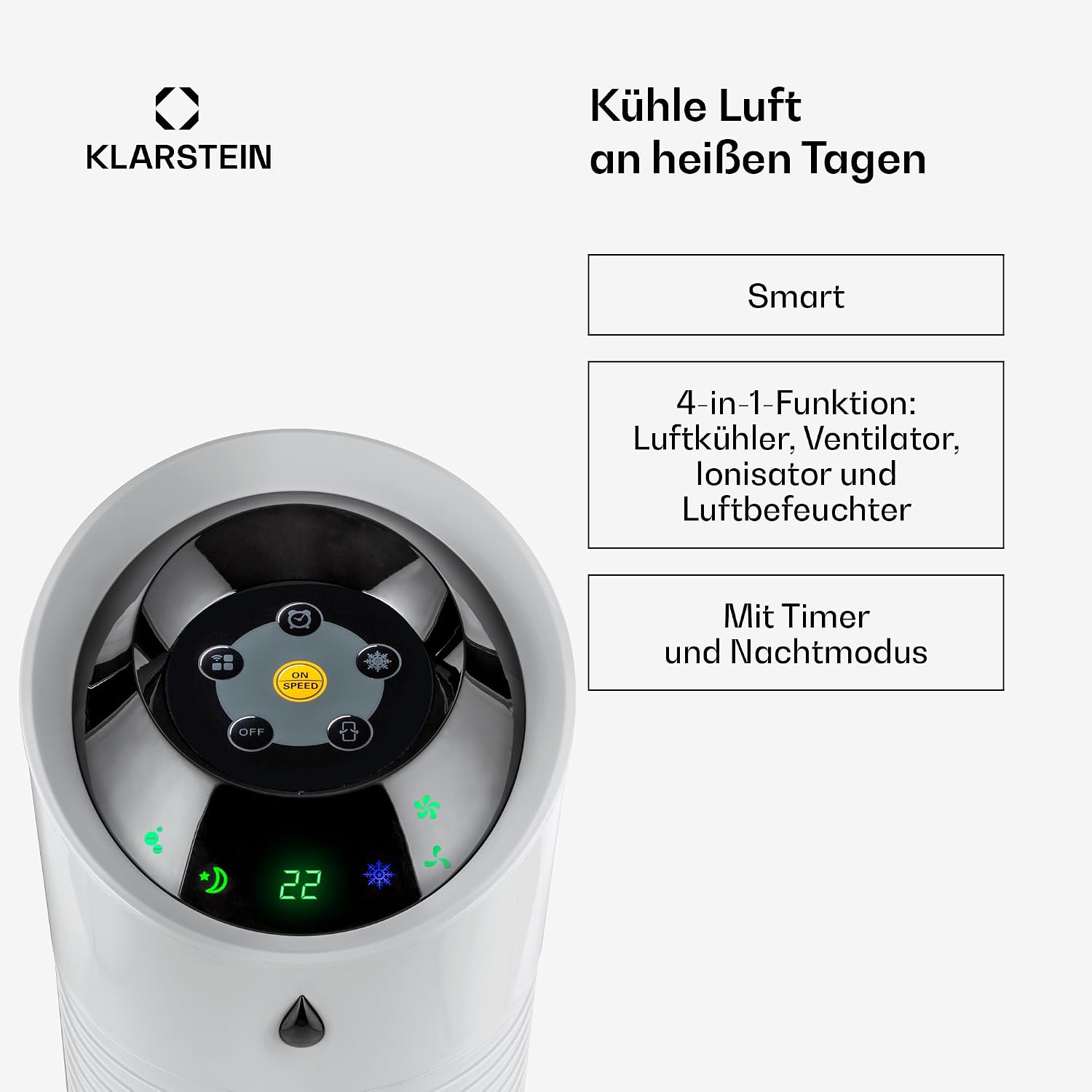 Klarstein 4-in-1: Smart Luftkühler, Ventilator, Luftbefeuchter & Ionisation I 6 L Wassertank, Oszillation, 30 W, 210 m³/h, Timer I Klimagerät ohne Abluftschlauch, Mobiles Klimagerät, Silber