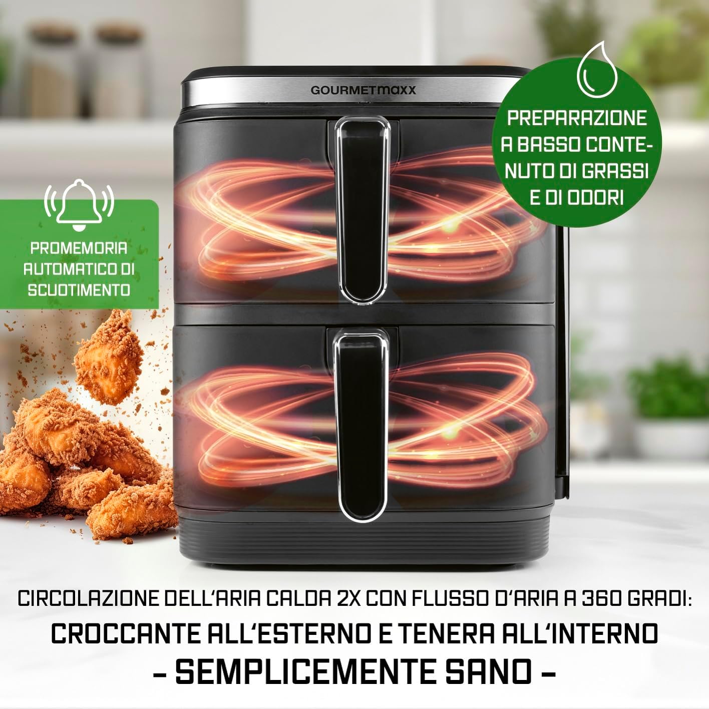 GOURMETmaxx FryUp Friggitrice verticale ad aria calda a doppia camera | Friggitrice 10 litri | 4 piatti su 4 livelli | Display touch richiudibile | 32% in più di risparmio di spazio | Calda 2 camere