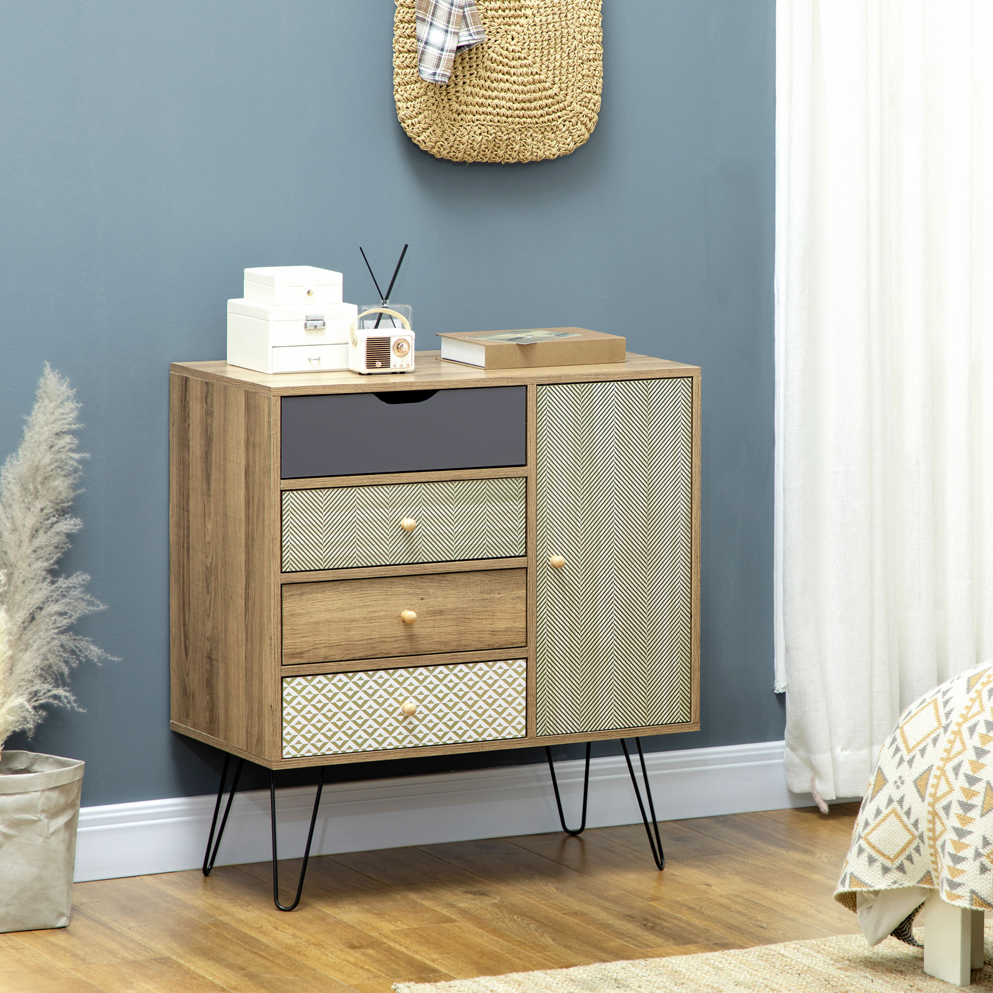 HOMCOM Aufbewahrungskommode Sideboard 4 Schubladen 1 Schrank - Haarnadelbeine Bohème 79 x 39 x 86 cm Braun