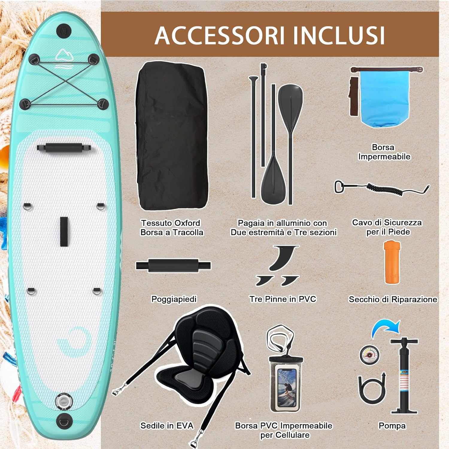 JUMMICO Tavola Sup Gonfiabile, Stand Up Paddling Board, 320 x 80 x 15 cm, Pagaia Stand Up 2-in-1 con Sella Kayak, Pagaia Regolabile e Accessori, Portata 160kg, Ideale per Surf, Pesca e Yoga