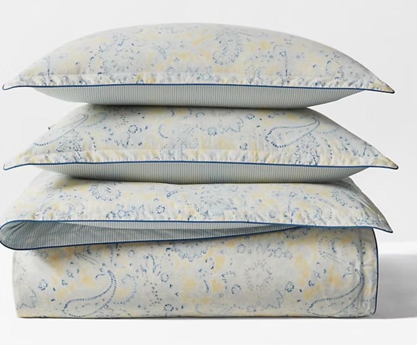 Lauren Ralph Lauren Marisa King 3 pc Comforter Set Shams Paisley Print Yellow, Blues on White Ground. Reverses to Blue Stripe.