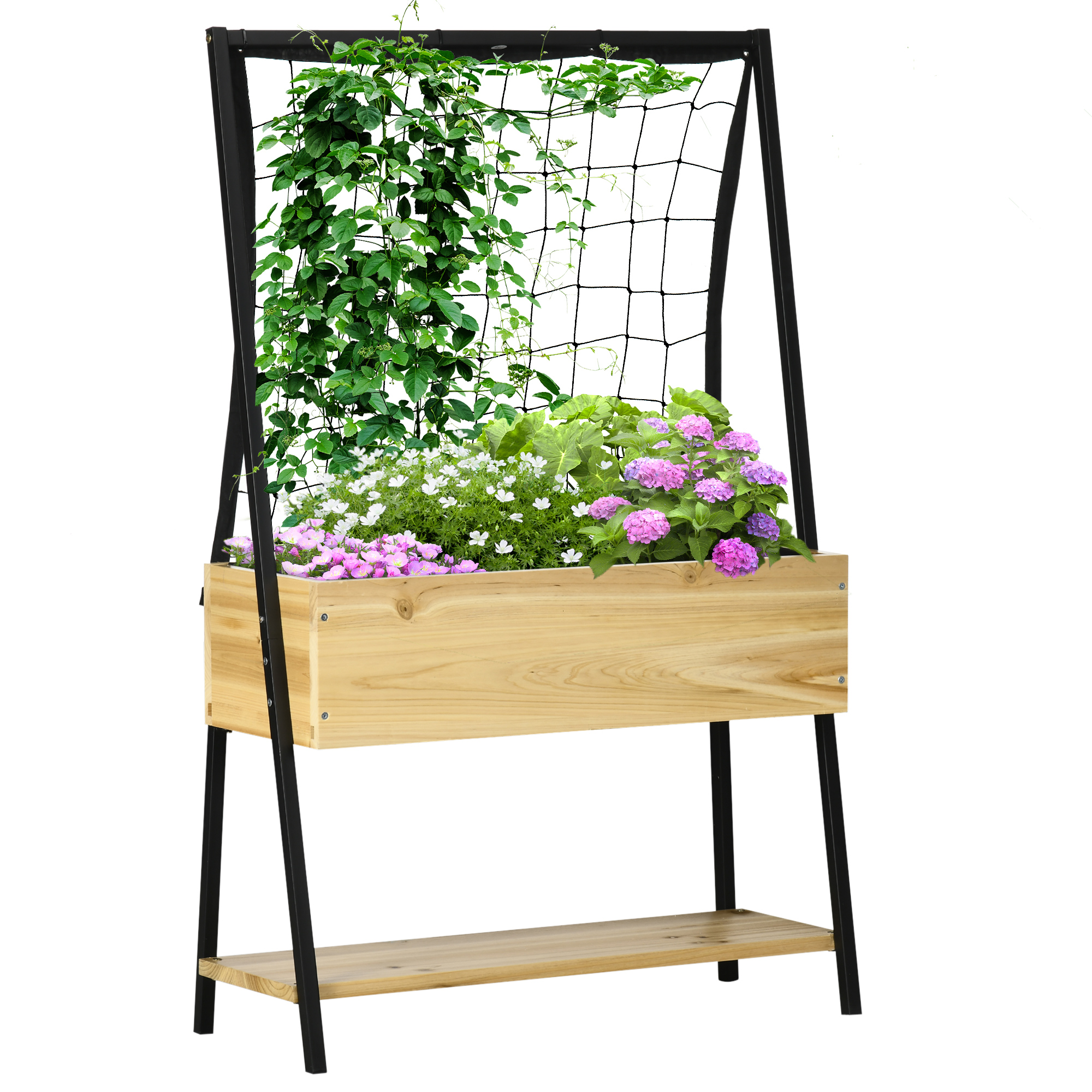 Outsunny Hochbeet im Industrie-Design, mit 1 Regal, Innenverkleidung aus Vlies, wetterbeständig, 80 cm x 30 cm x 125 cm