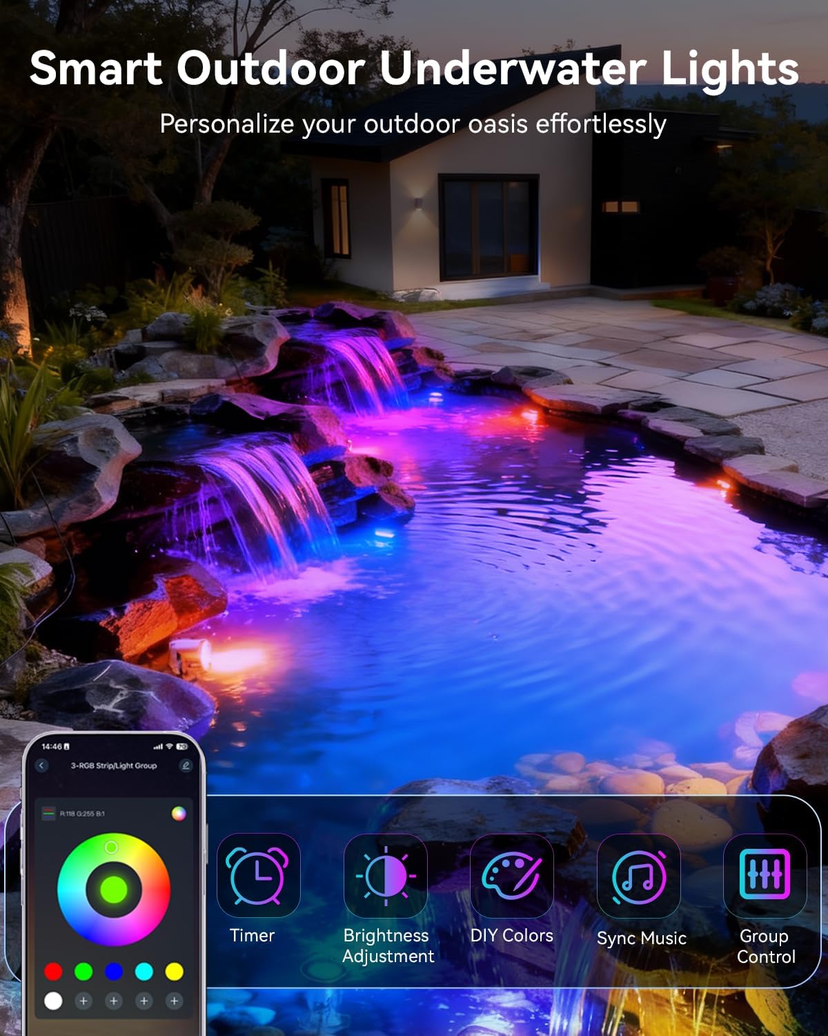 All-in-One Teichbeleuchtung LED Edelstahl SS316, RGB Erweiterbare Teichlampen Unterwasser mit 12M Kabel, Teichlicht IP68 für Teich, Wasserfall, Bach, Fischteich, Wasserspiel, 4er-Pack