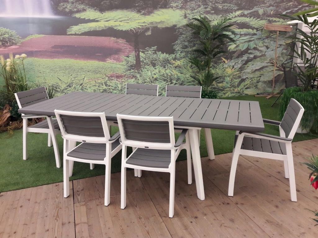 XONE Keter Harmony Resin Table Set (160/240 x 100 x H74 cm) and 6 Armchairs Wood Mould